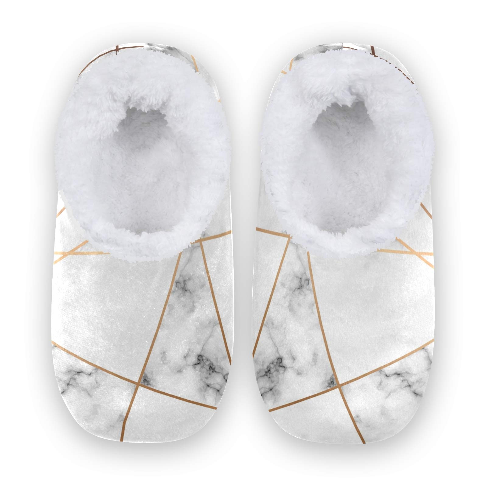 Linomo Women's Gold Line White Marble Slippers - Cozy Indoor House Shoes for Bedroom & Lounge