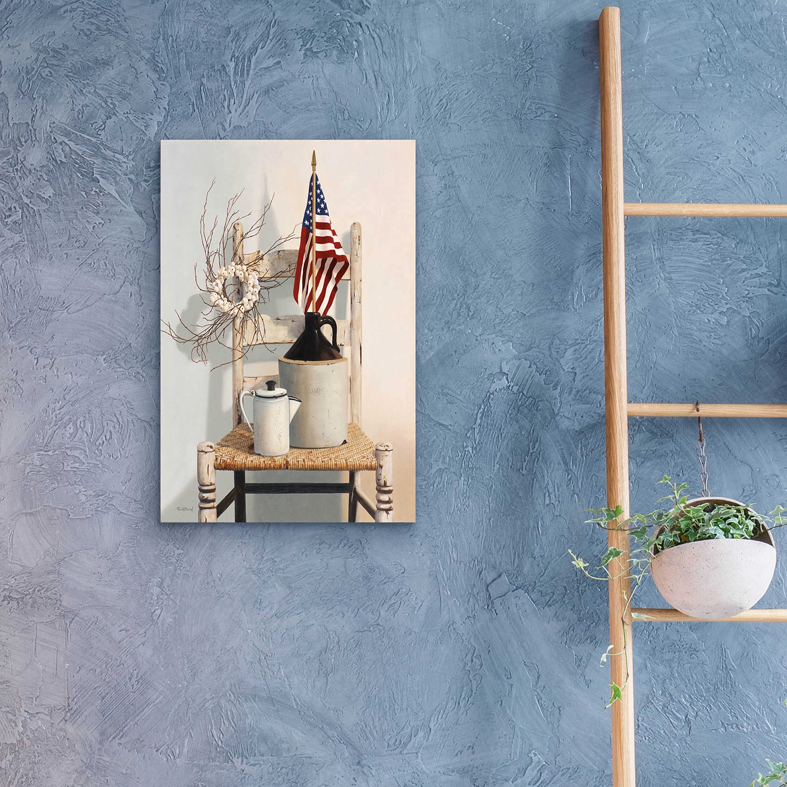 Epic Art 'Chair With Jug And Flag' by Cecile Baird - 16x24 Inch Acrylic Glass Wall Art Painting - Modern Home Decor for Living Room, Bedroom & Office
