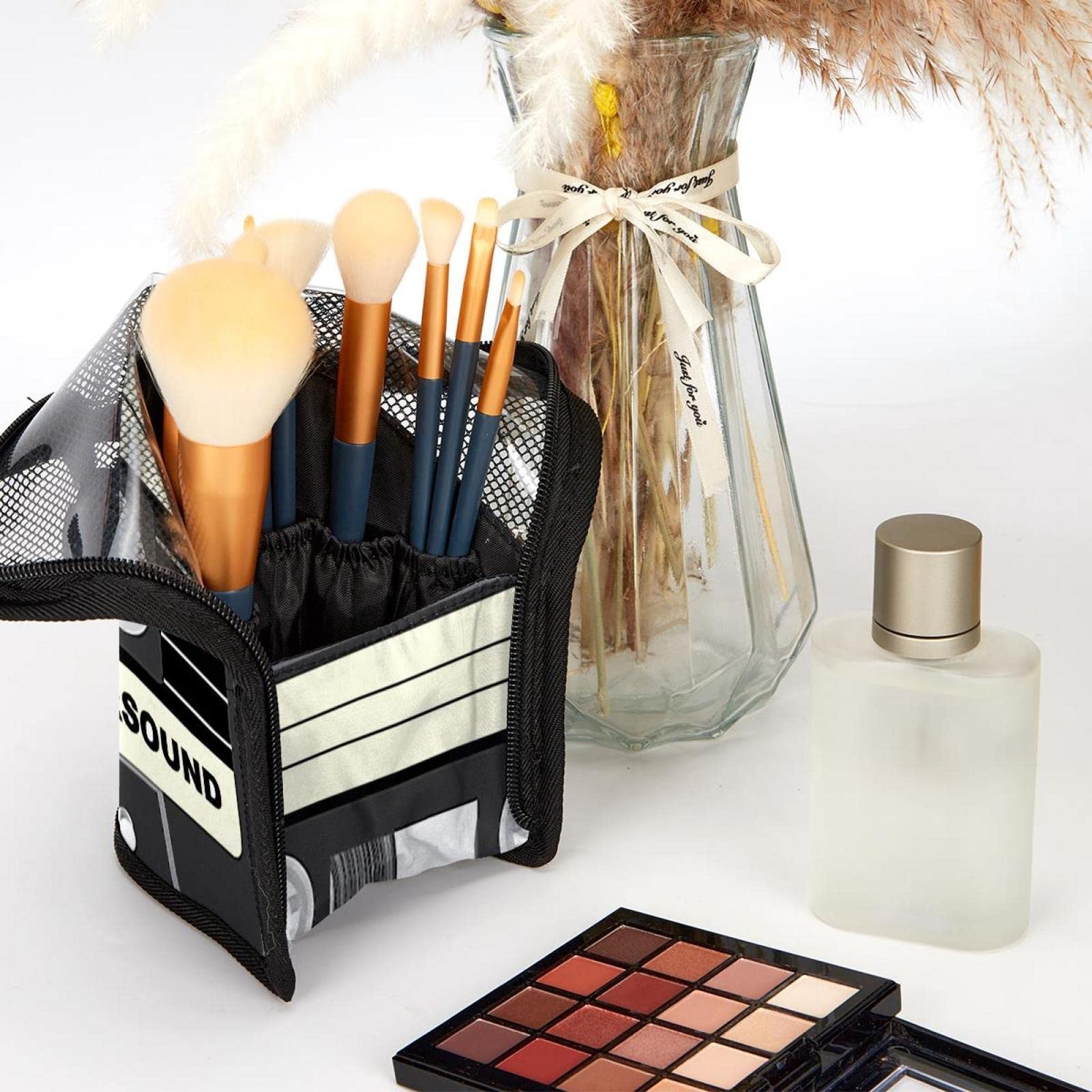 Retro Cassette Tape Makeup Brush Organizer Bag - Portable Travel Cosmetic Brush Holder Case with 12 Slots | Perfect for Makeup Artists, Travel & Home Storage