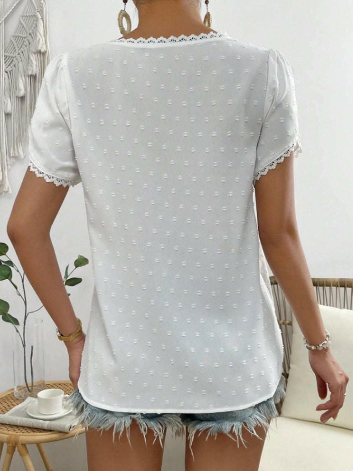 Elegant Lace V-Neck Blouse with Polka Dots - Women's Fashion Top for Office, Party & Date Night