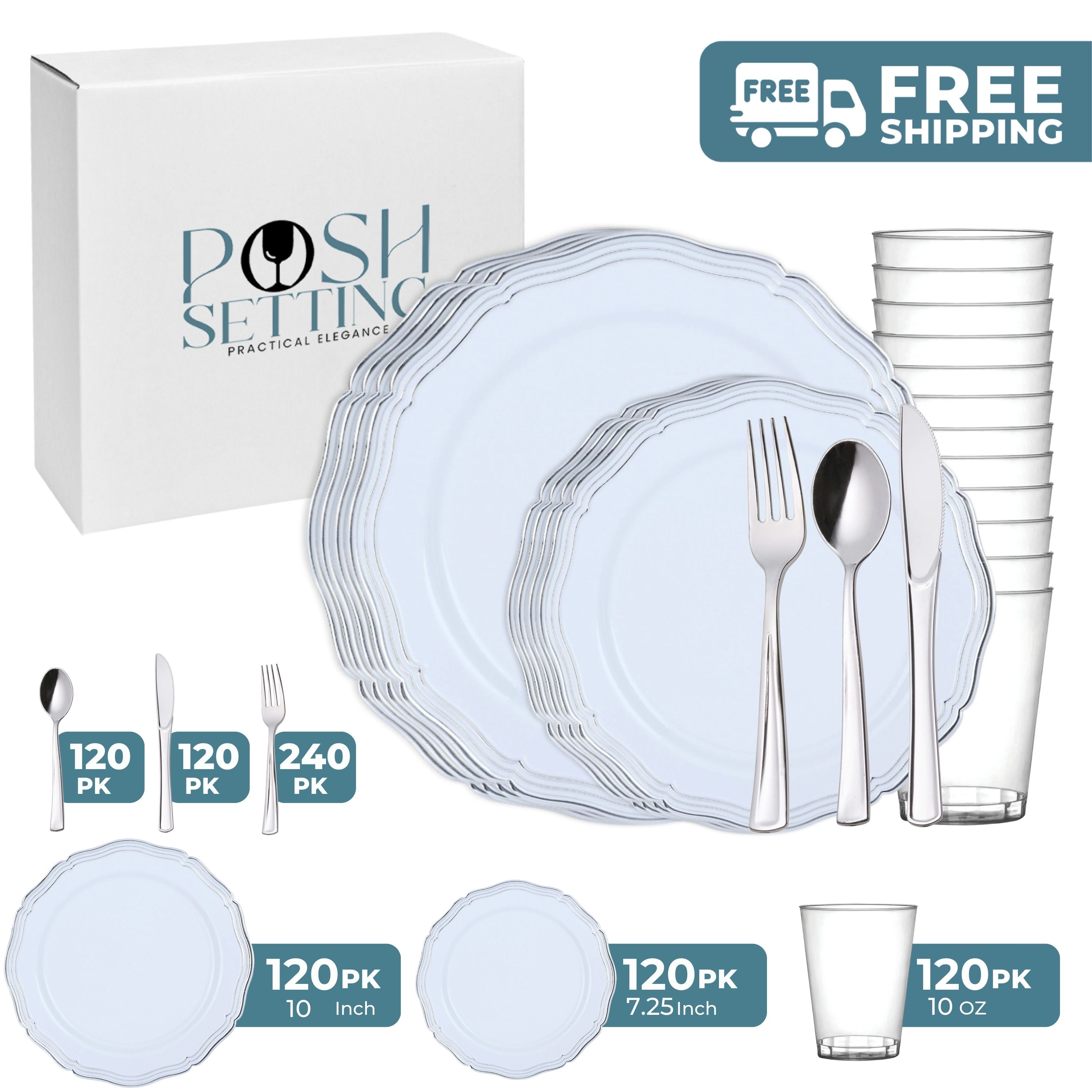 Elegant White and Silver Plastic Party Bundle Set - Premium Aristocrat Collection for Birthday, Wedding & Special Events Decorations