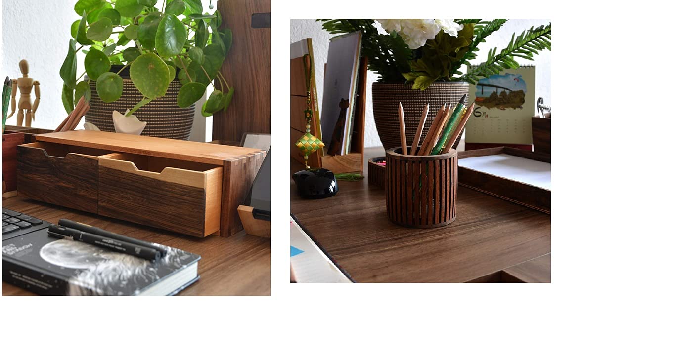 WOODSAKA 2-Drawer Round Storage Box with Pen Holder - Organize Office Supplies, Craft Materials & Home Essentials - Perfect for Desk, Shelf, or Closet Storage