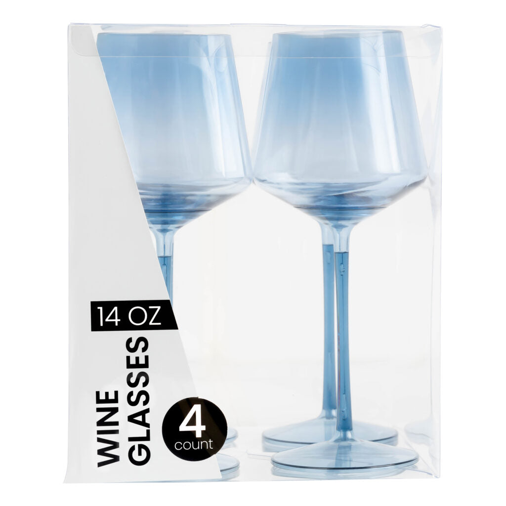 14 Oz Blue HIP Plastic Stemmed Wine Goblets - Set of 4 Shatterproof Cups for Outdoor Picnics, Parties, and Camping