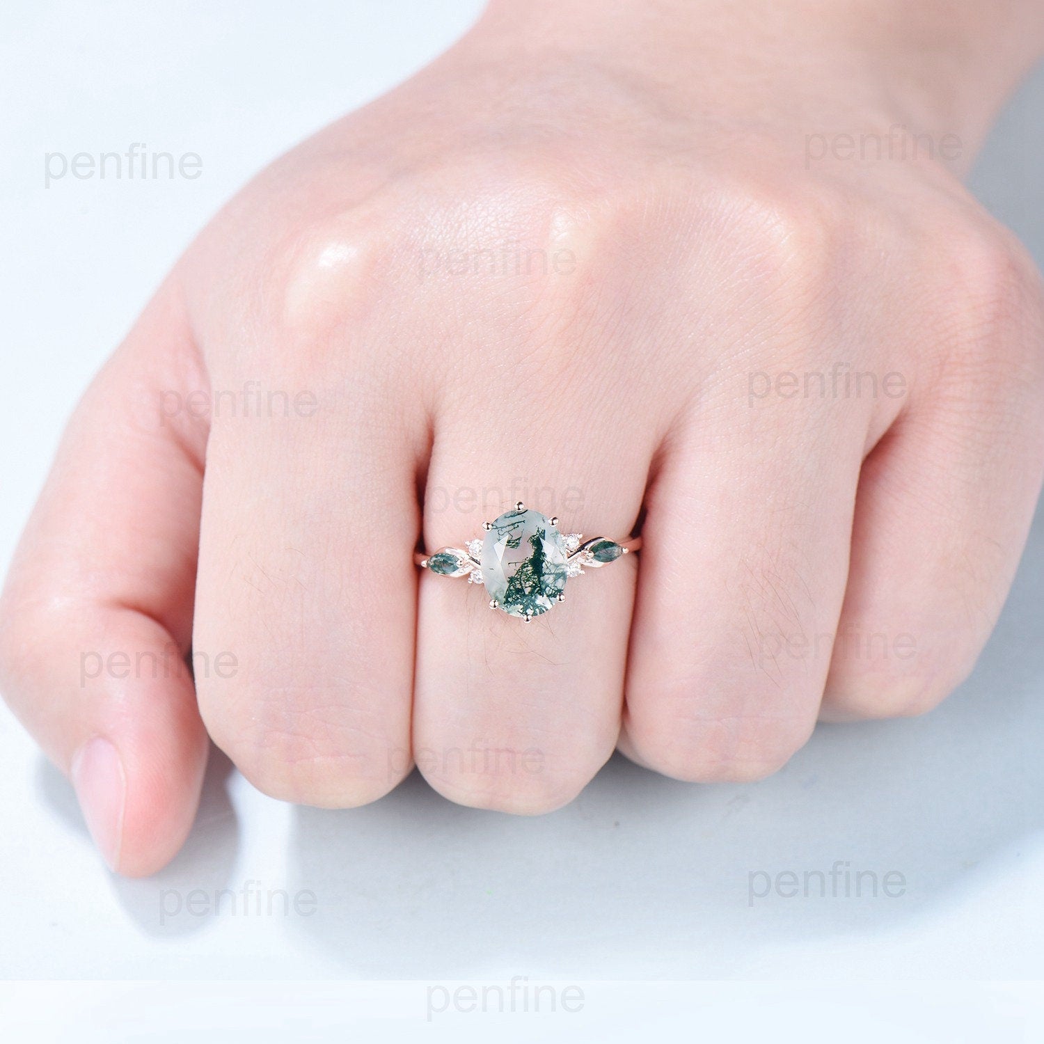 8x10mm Oval Cut Moss Agate Ring - 3 Carat Six Prong Green Agate Vintage Ring in 14K Rose Gold - Marquise Agate Wedding & Anniversary Ring for Women - Perfect for Bridal, Engagement & Special Occasions
