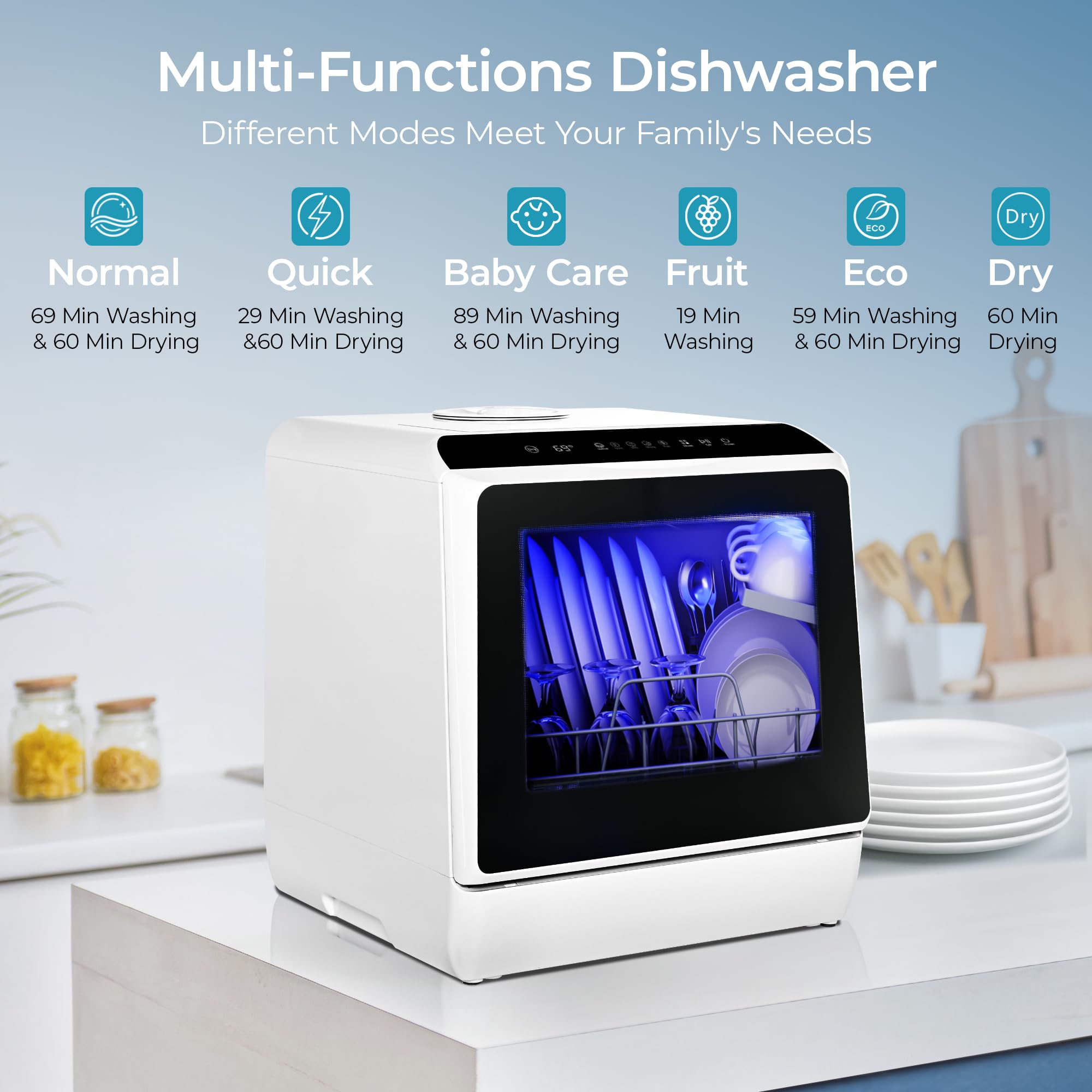 EUHOMY Mini Portable Countertop Dishwasher - Compact Tabletop Dishwasher with 5L Built-in Water Tank, 6 Wash Modes & Baby Care Function - Ideal for Apartments, RVs, Dorms & Small Kitchens - No Plumbing Needed (Perfect for Studio Living, Camping & Tiny Homes)