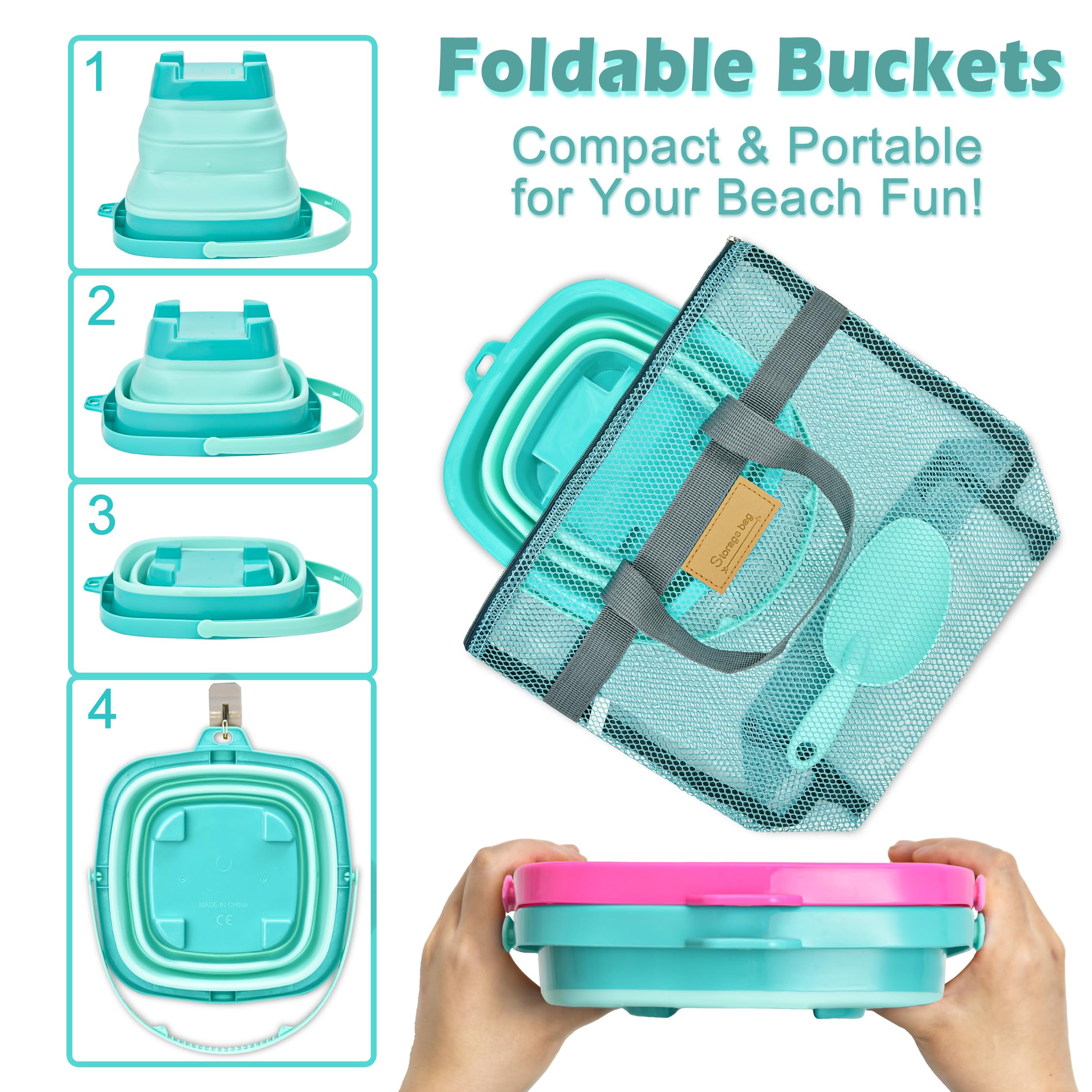 Foldable Beach Toys for Kids - 2 Pack Collapsible Sand Buckets, Mesh Storage Bags, Animal Shaped Sand Molds & Shovel Set for Toddlers Ages 3-7 | Perfect for Sandcastle Building, Beach Trips & Outdoor Summer Play