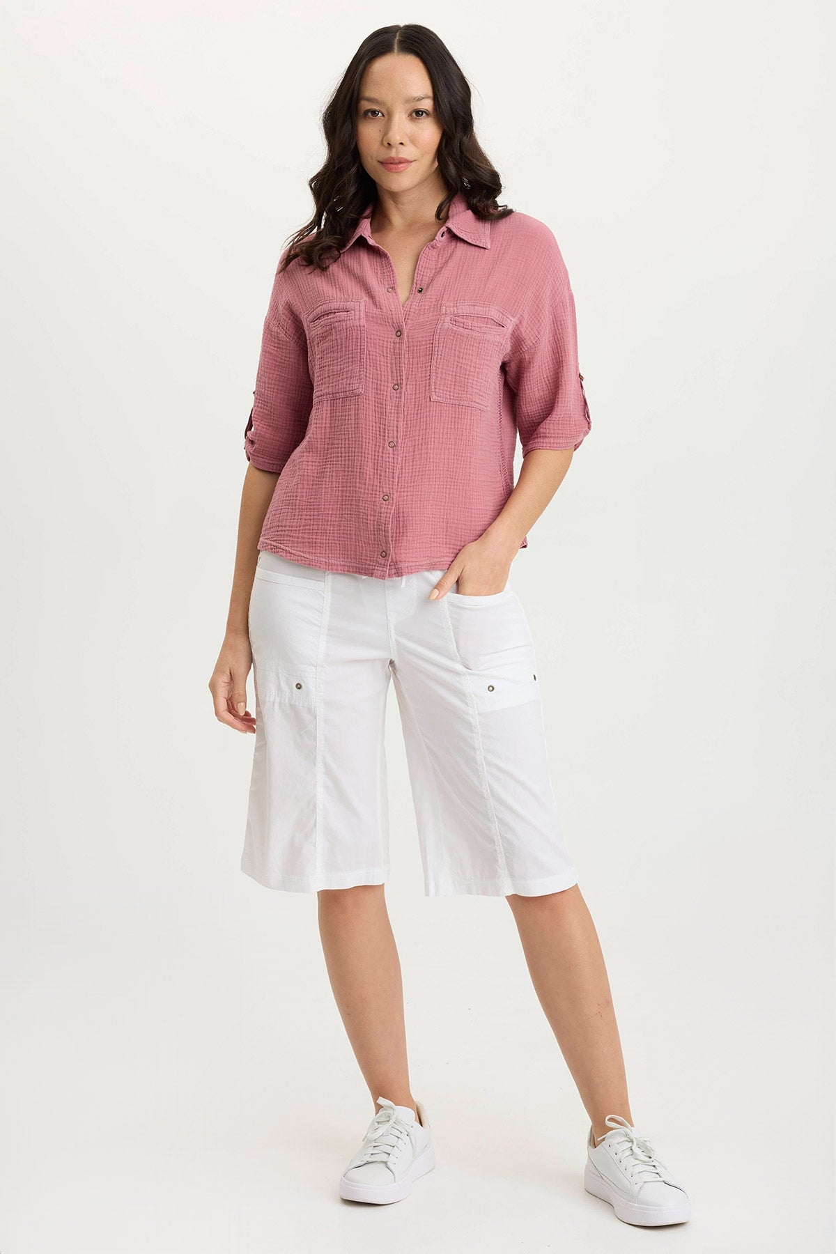 Maurise Women's Gauze Jersey Tabbed Sleeve Snap Up Top - Casual Summer Blouse for Beach, Vacation & Everyday Wear