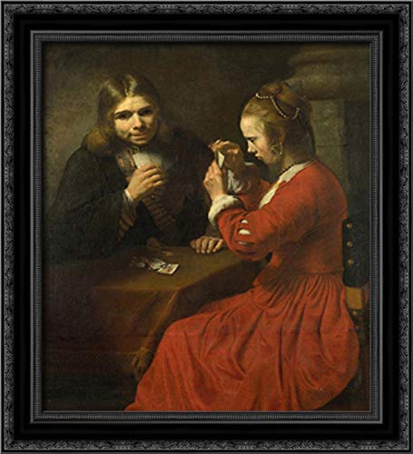 Rembrandt Inspired 20x22 Inch Black Ornate Wood Framed Canvas Art - Classic Couple Playing Cards Painting - Perfect for Living Room, Bedroom or Office Wall Decor