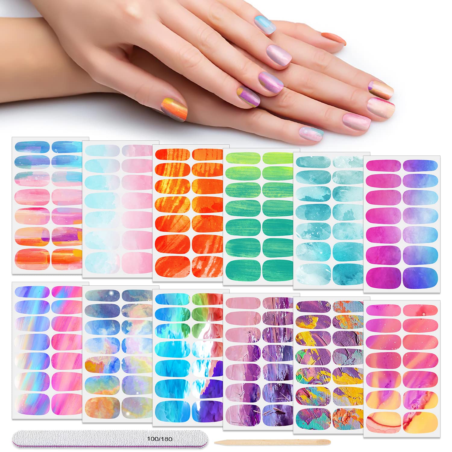 DANNEASY 12 Sheets Rainbow Nail Polish Strips - Self-Adhesive Gel Nail Wraps & Stickers for Women & Girls - DIY Nail Art Decoration for Parties, Weddings & Everyday Wear