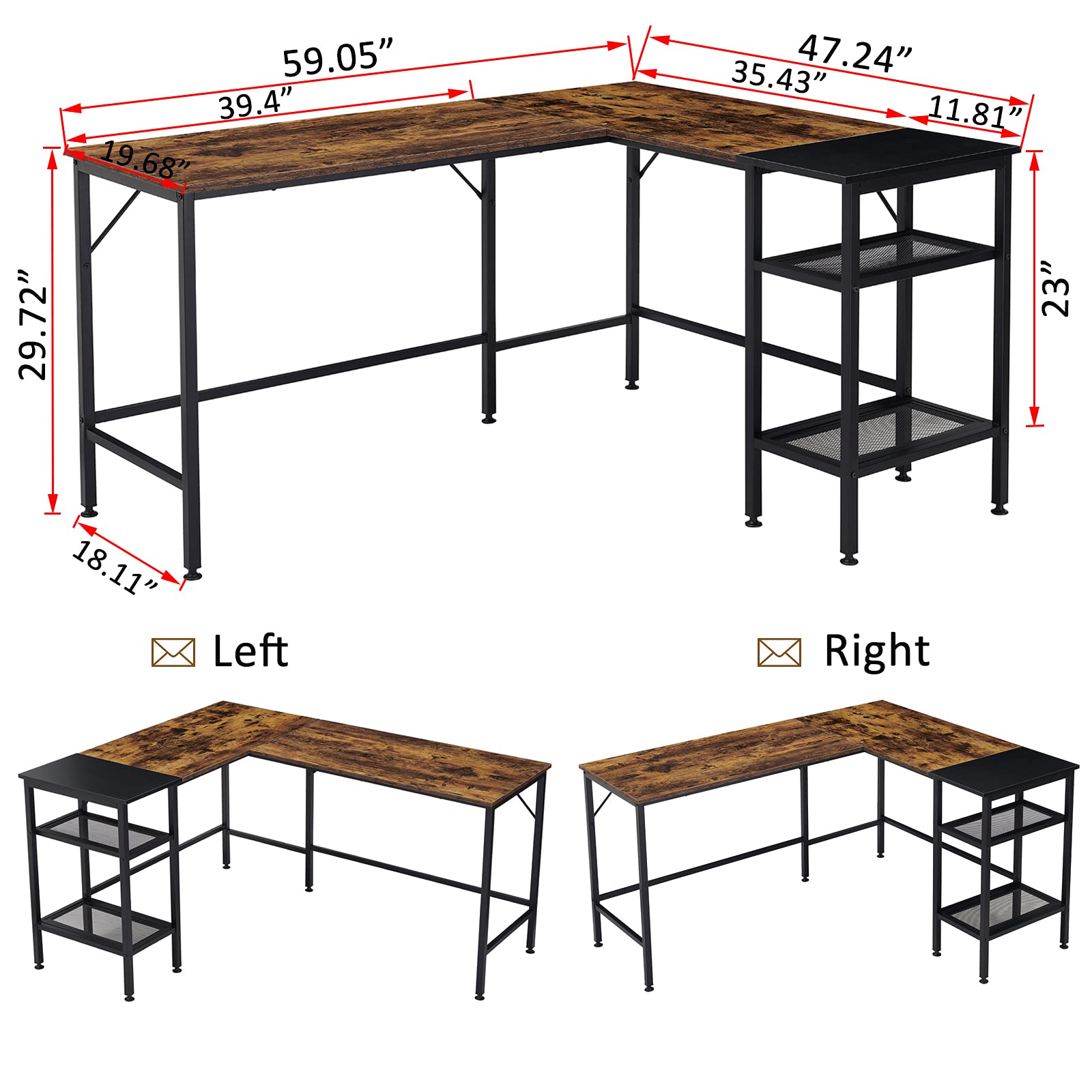 Reversible L-Shaped Computer Desk 59 Inch, Rustic Corner Desk with Storage Shelves & Movable Shelf - Home Office Workstation for Small Spaces, Gaming & Study Setup