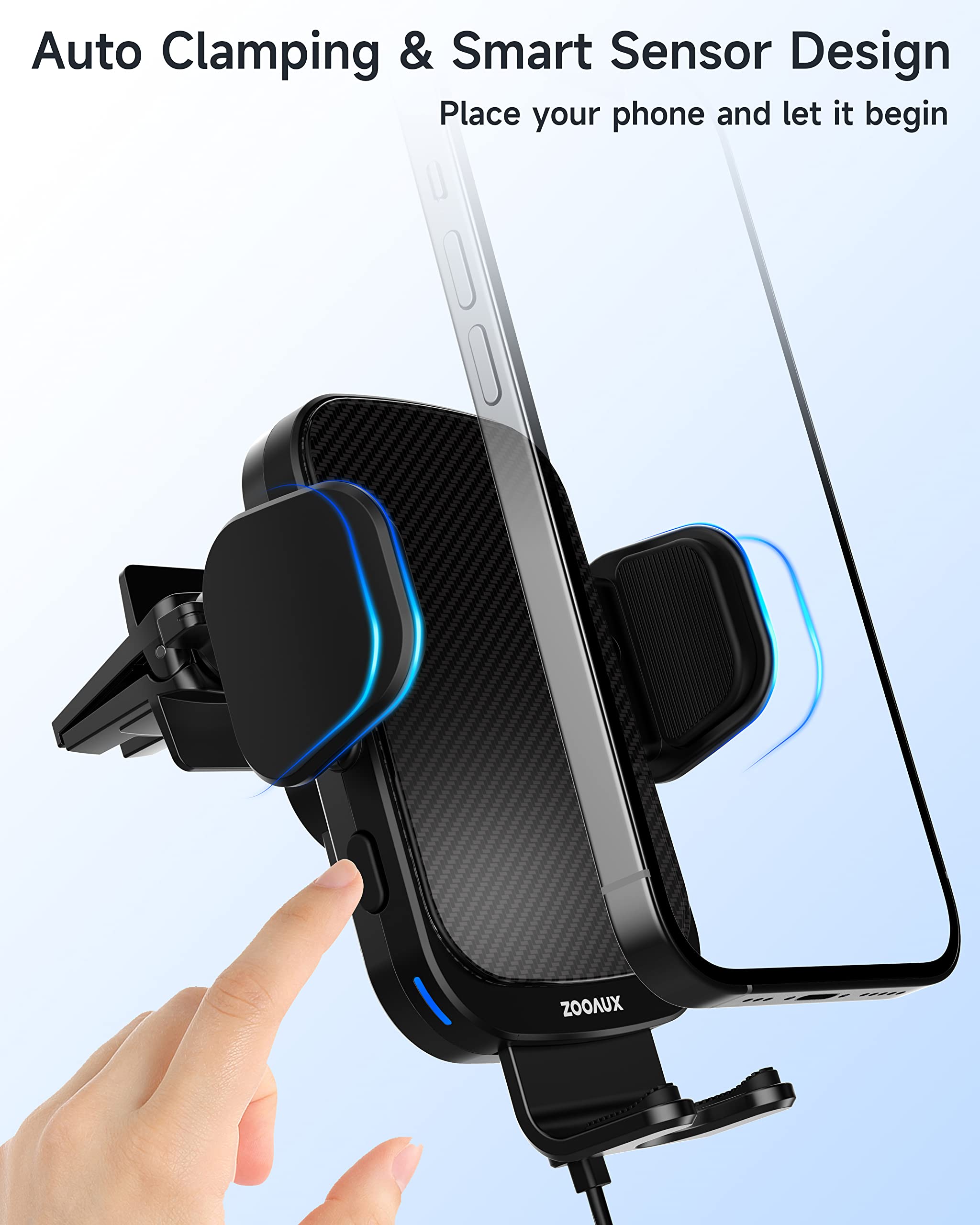 ZOOAUX 15W Fast Wireless Car Charger Vent Mount - Auto-Clamping Phone Holder for iPhone 15/15 Pro/14/13/XS/XR/X/8 & Samsung S24/S23/S22/S21/S10 - Secure Charging While Driving (Black)