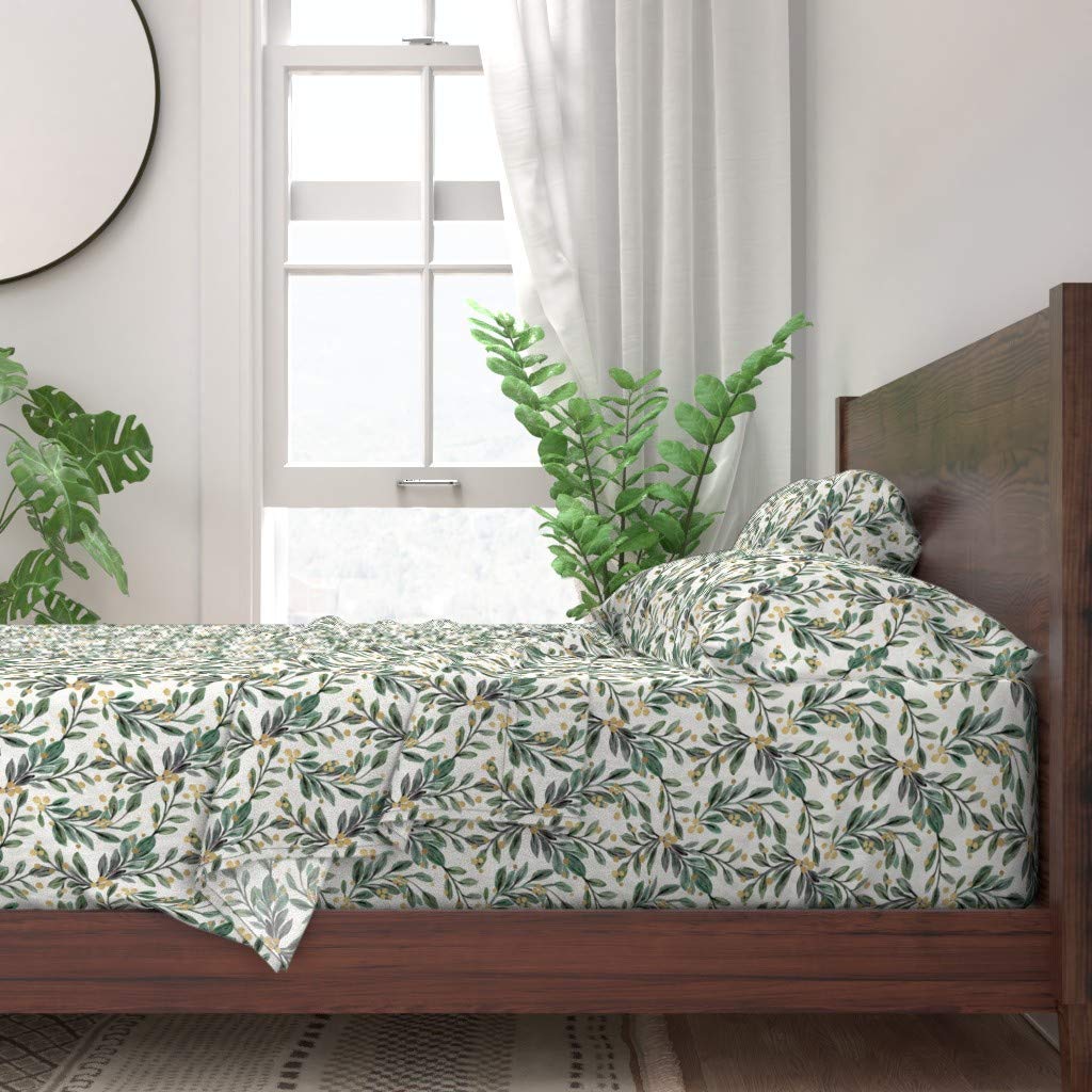 Spoonflower 100% Cotton Queen Size 4-Piece Bed Sheet Set - Sage Gold Berries Leaves Holiday Winter Floral Christmas Print Custom Bedding | Soft & Breathable for Cozy Seasonal Home Decor