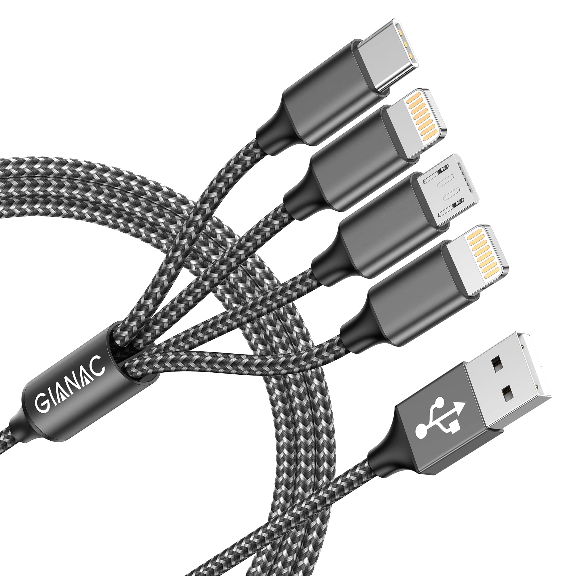 4-in-1 Multi Charger Cable with Lightning/Micro USB/USB-C - 1.2M Nylon Braided Fast Charging Cord for iPhone 12/11/XS, Samsung S20/S10/S9/S8, Huawei, Nexus, Nokia (Grey) - Perfect for Home, Office & Travel Charging Needs