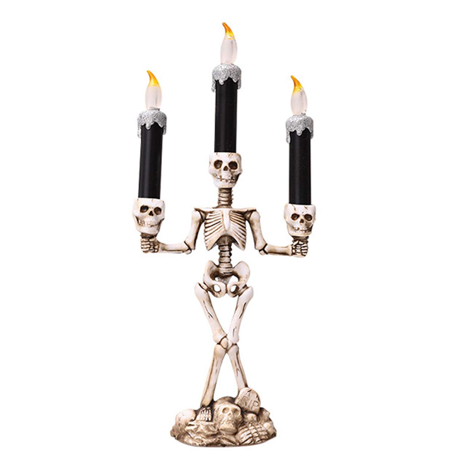 LED Flameless Skeleton Candelabra - Battery Operated Halloween Decor for Haunted Houses, Themed Bars & Hotels | Spooky Skull Candle Holder for Halloween Party & Gothic Home Decor