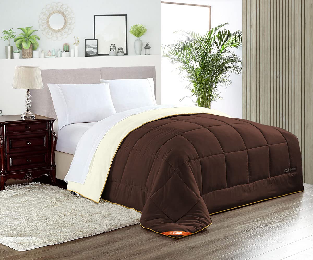 Premium California King Down Alternative Comforter - 300 GSM Plush Siliconized Fiberfill, 600 TC Egyptian Cotton, Ivory/Chocolate with Golden Piping - Ultra Soft & Hypoallergenic Duvet Insert for Luxurious Bedroom Comfort