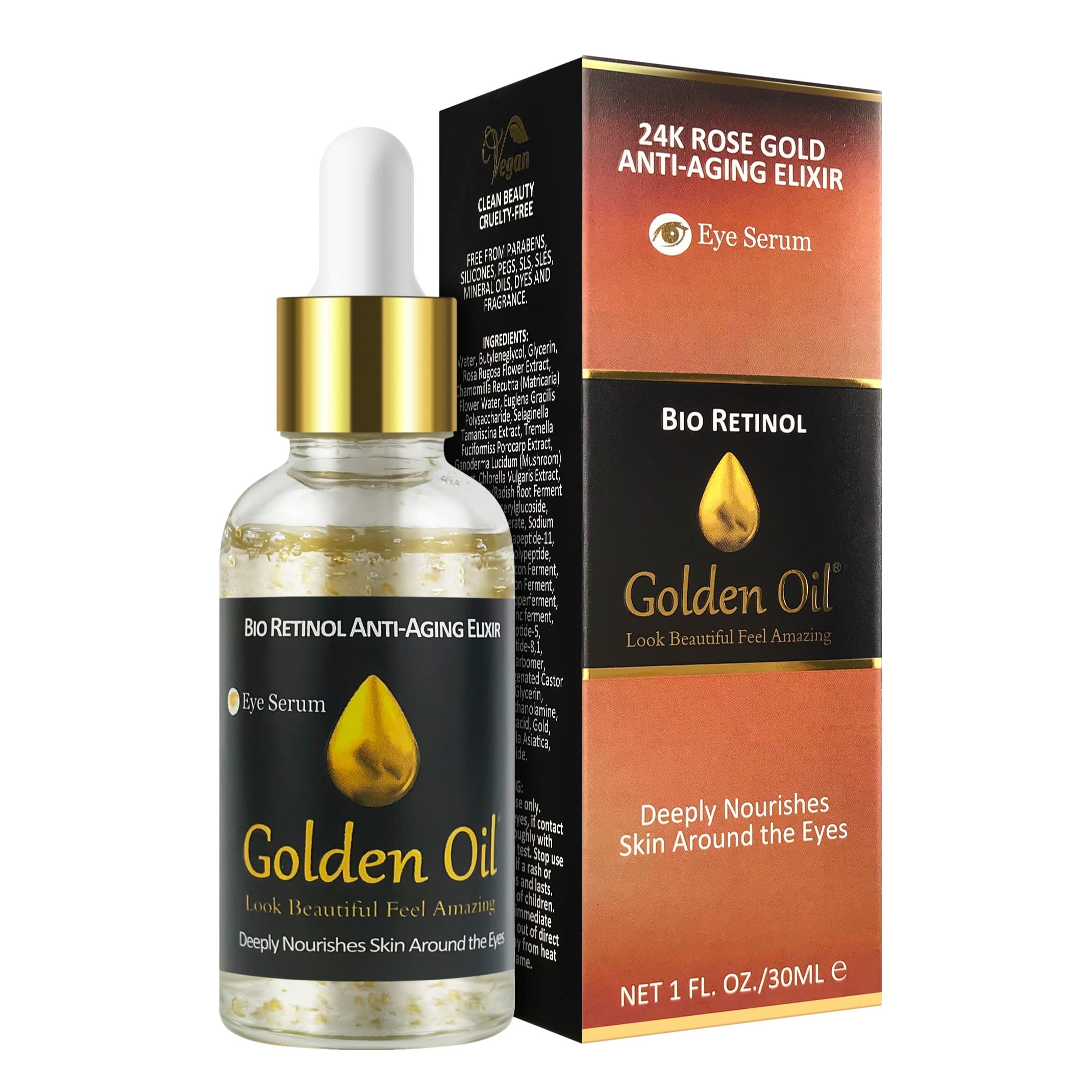 24K Gold Anti-Aging Face & Eye Serum with Bio Retinol, Hyaluronic Acid & Bakuchiol - Dark Circle & Wrinkle Treatment for Fine Lines, Crow's Feet - 1.0 Fl Oz - Perfect for Nighttime Skincare Routine & Daily Hydration