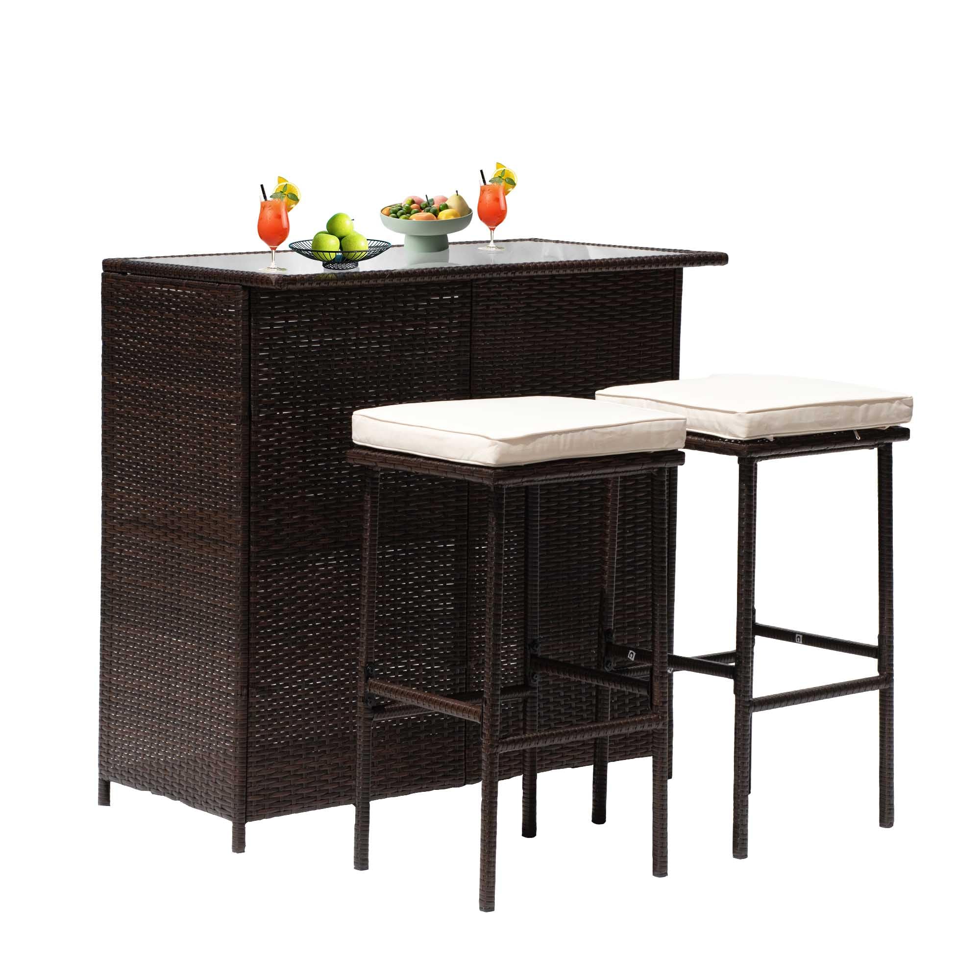 Premium 3-Piece Rattan Bar Set - Patio Wicker Bistro Table with 2 Bar Stools, Tempered Glass Top & Storage Shelves for Outdoor/Indoor Use - Perfect for Poolside, Porch, Garden & Backyard Entertaining (Khaki)