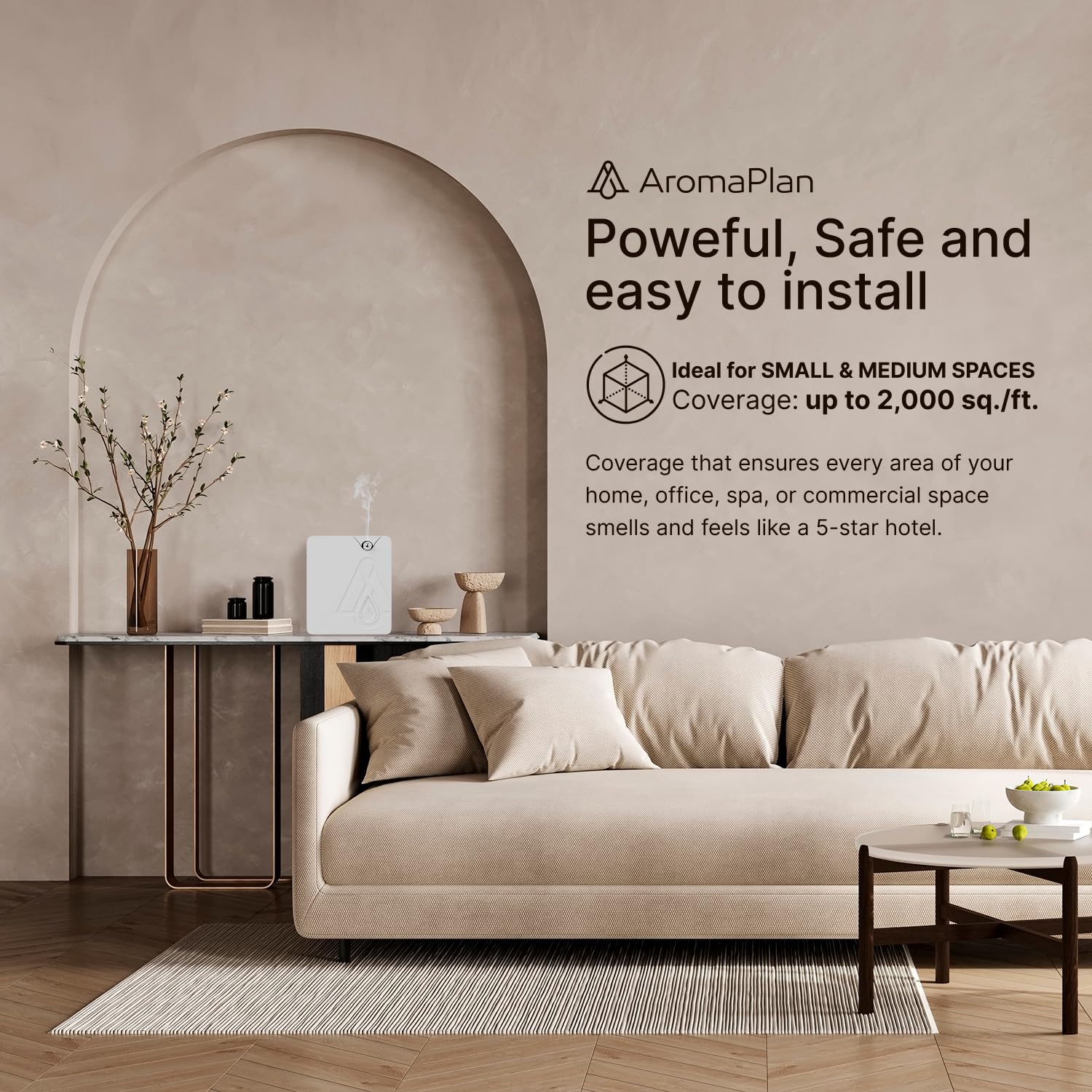 AromaPlan Bluetooth Smart Scent Diffuser for Home, Hotel, Spa & Office - Wireless Air Freshener with Cold Mist Technology, Waterless Whole House Fragrance Dispenser (White) - Perfect for Aromatherapy, Relaxation & Creating Inviting Spaces