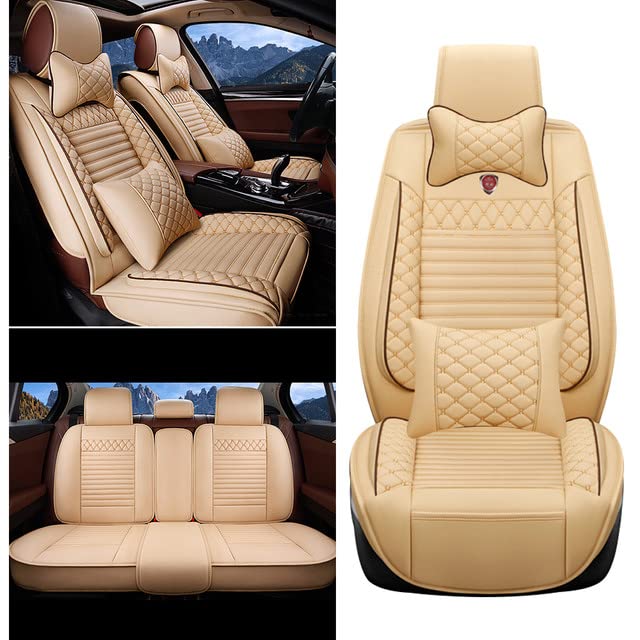 Universal 5-Seat Car Seat Covers - Premium PU Leather, Waterproof & All-Season Fit for Most Cars, Trucks, SUVs & Vans (Front + Rear Seat 9-Piece Set, Beige) - Luxury Protection & Comfort for Daily Commute, Road Trips & Family Travel