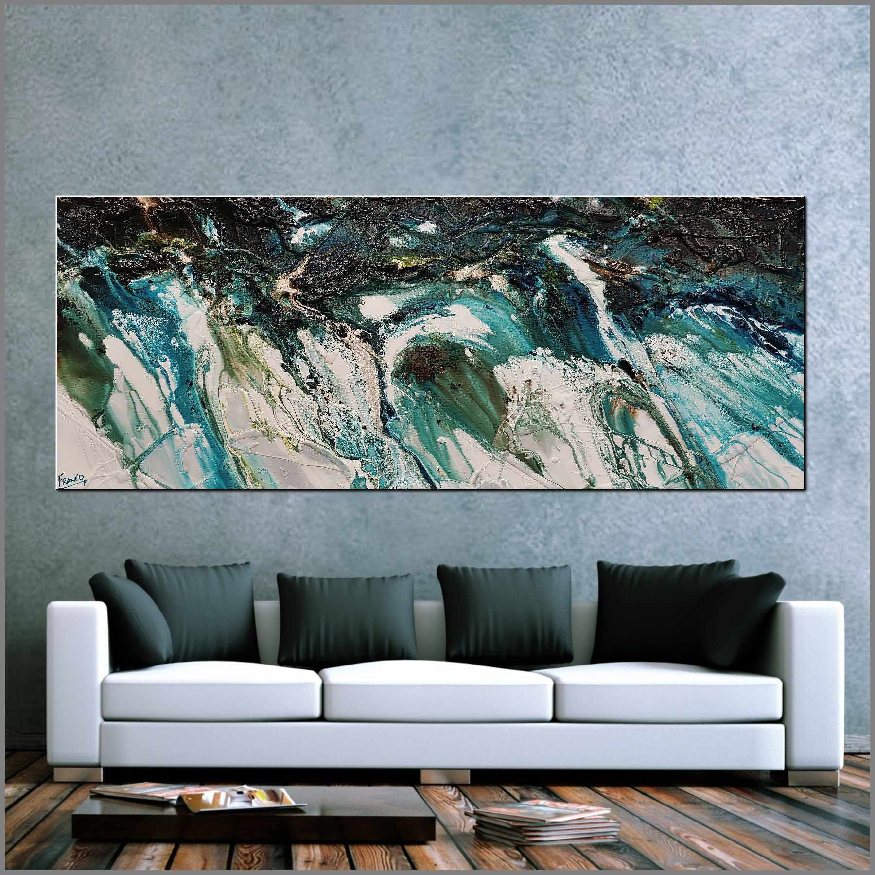 Natural Teals 200cm x 80cm Teal Textured Abstract Canvas Wall Art - Perfect for Living Room, Bedroom & Office Decor