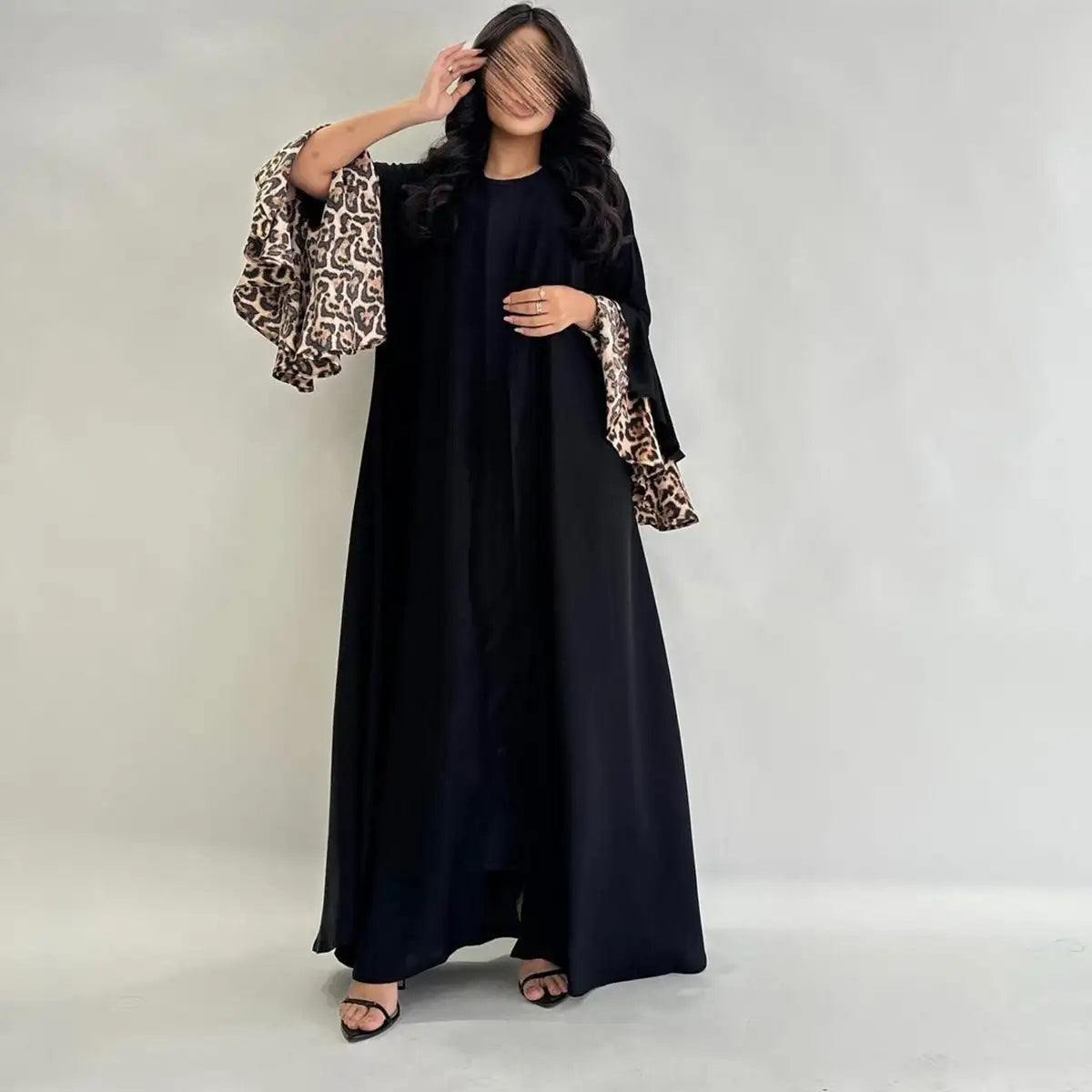 Leopard Print Cuff Cardigan Open Abaya Dress - Stylish Long Sleeve Kimono Cover Up for Women, Perfect for Casual Outings, Prayer Dresses & Boho Fashion
