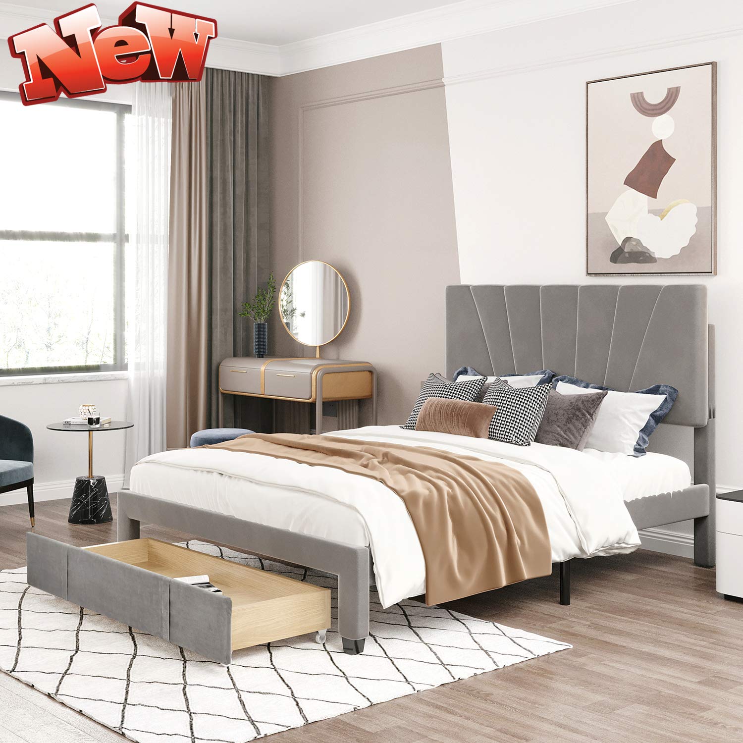 TYNAWYNW Queen Size Upholstered Platform Bed Frame with Headboard - Sturdy Wood Slat Support & Storage Drawer, Sleigh Design for Kids, Teens & Adults (Gray) | Perfect for Bedrooms, Guest Rooms & Dormitories