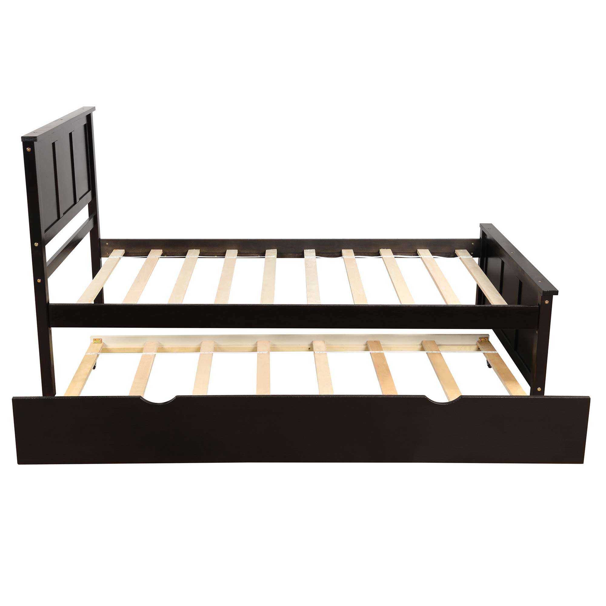 P PURLOVE Twin Size Wooden Platform Bed Frame with Headboard & Trundle Bed - Espresso Storage Bed for Kids, Teens & Guest Rooms | Space-Saving Bedroom Solution