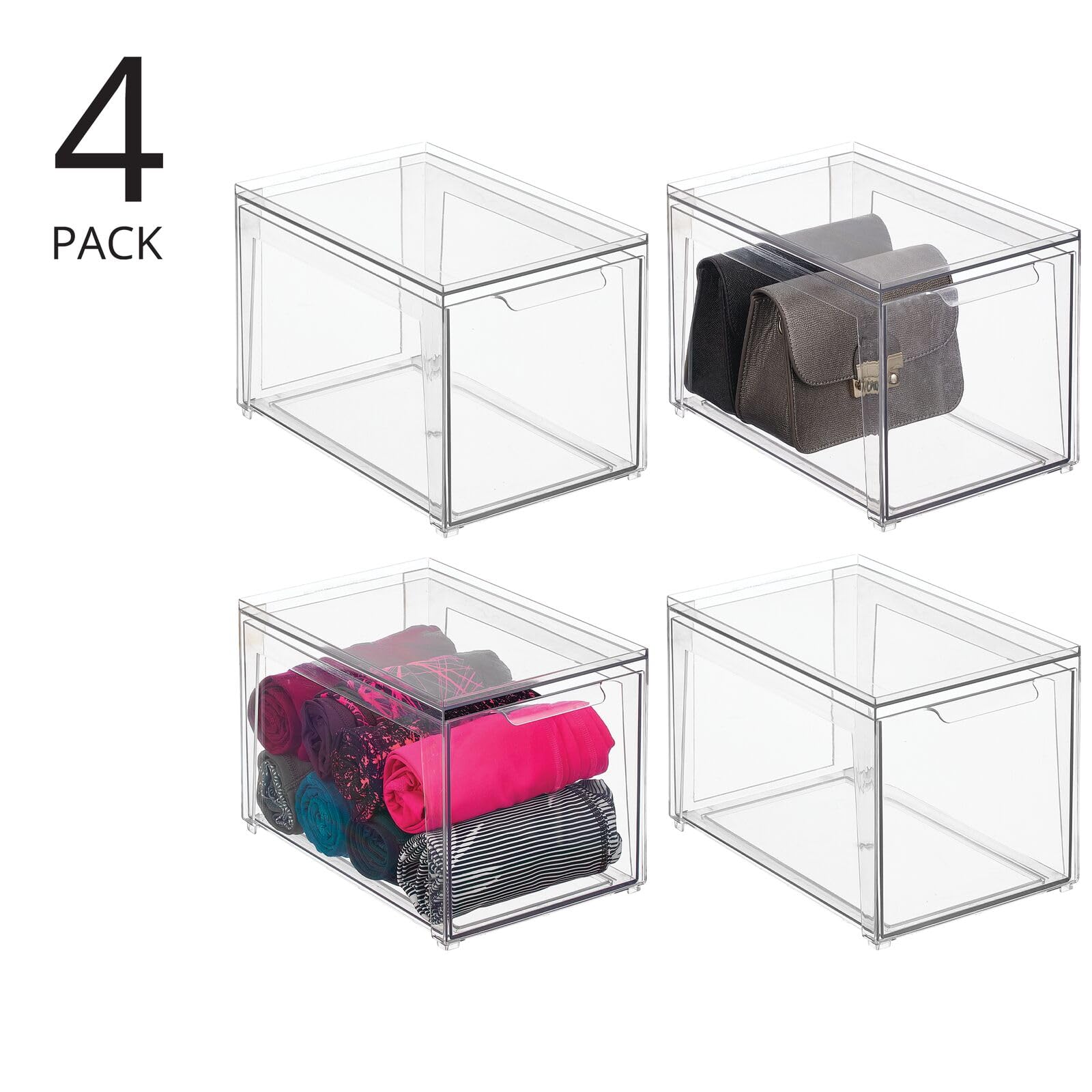 mDesign Plastic Stackable Closet Storage Bins with Pull-Out Drawers - 4 Pack Clear Organizers for Cabinet, Shelf, Dresser & Desk - Space-Saving Home Organization Solution - Perfect for Bedroom, Bathroom & Office Storage Needs