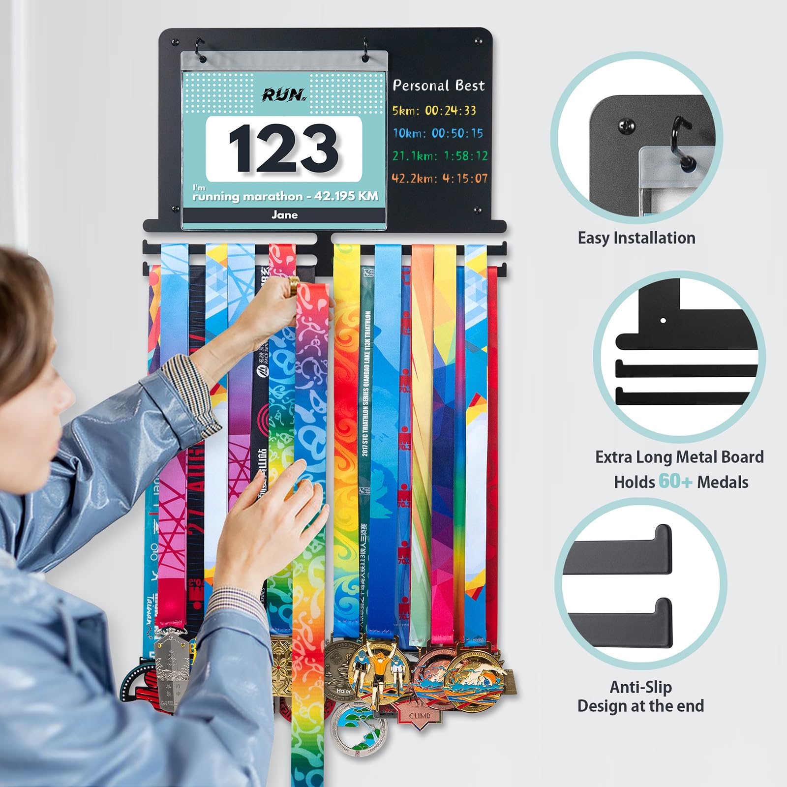 Premium Medal Hanger Display - Wall Mount Race Medal Holder Organizer for 40 Medals & 80 Bibs - Perfect for Marathon, Triathlon & Sports Achievement Showcase