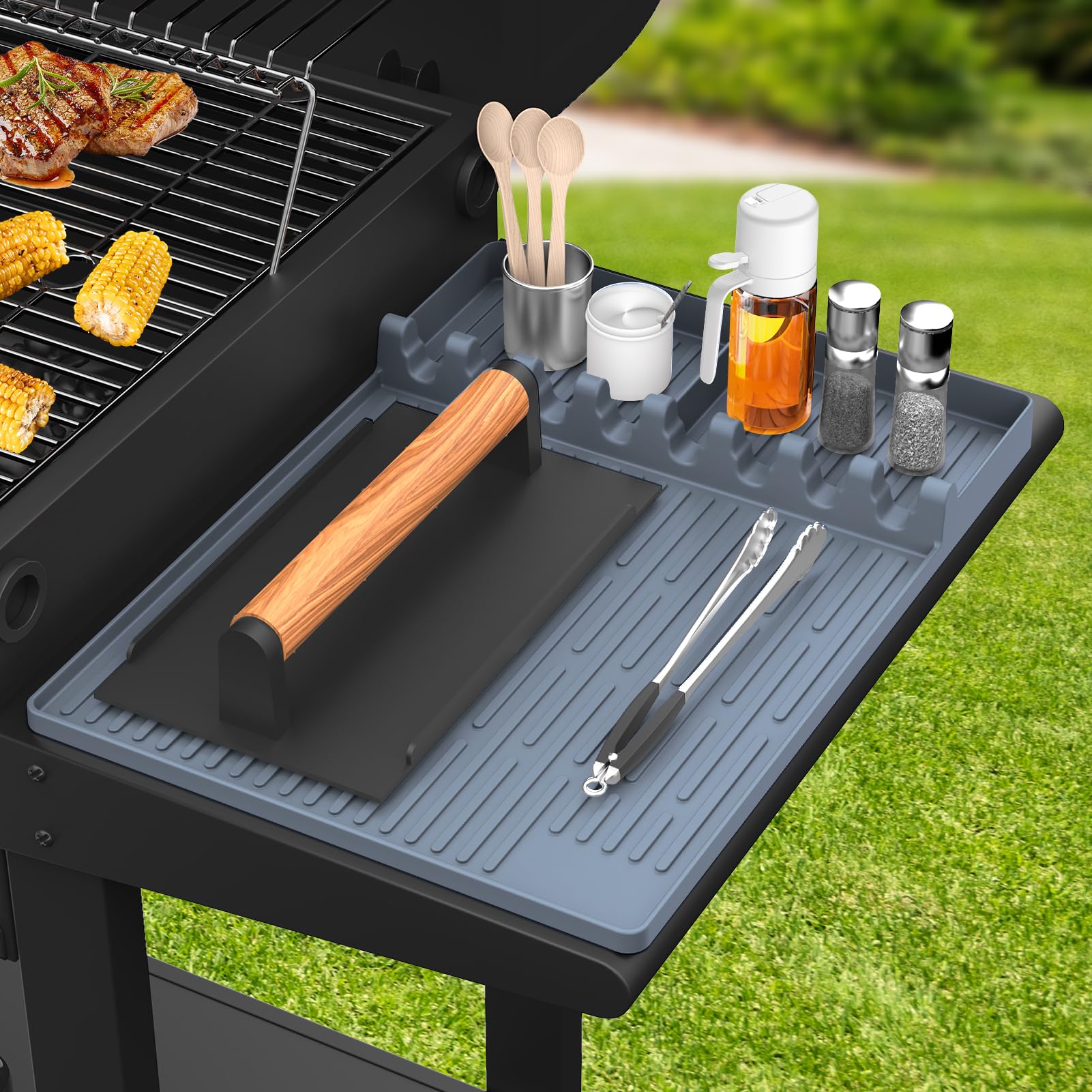 Non-Slip Silicone Griddle Mat for Blackstone - Heat-Resistant Grill Accessories with Drip Pad & Spatula Holder - Perfect for Outdoor Cooking, Camping & Backyard BBQs (Grey)