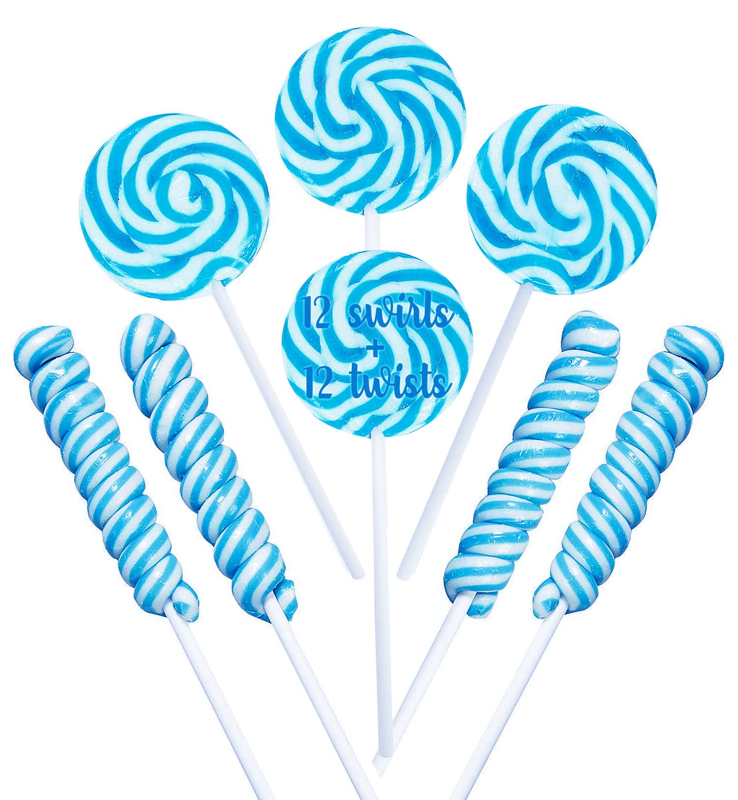 Blue Candy - 18g Swirl & 12g Twisty Lollipops - 24 Individually Wrapped Bulk Suckers - Perfect for Candy Buffets, Baby Boy Showers & Birthday Party Favors - Great for Events, Gifts & Sweet Treat Displays