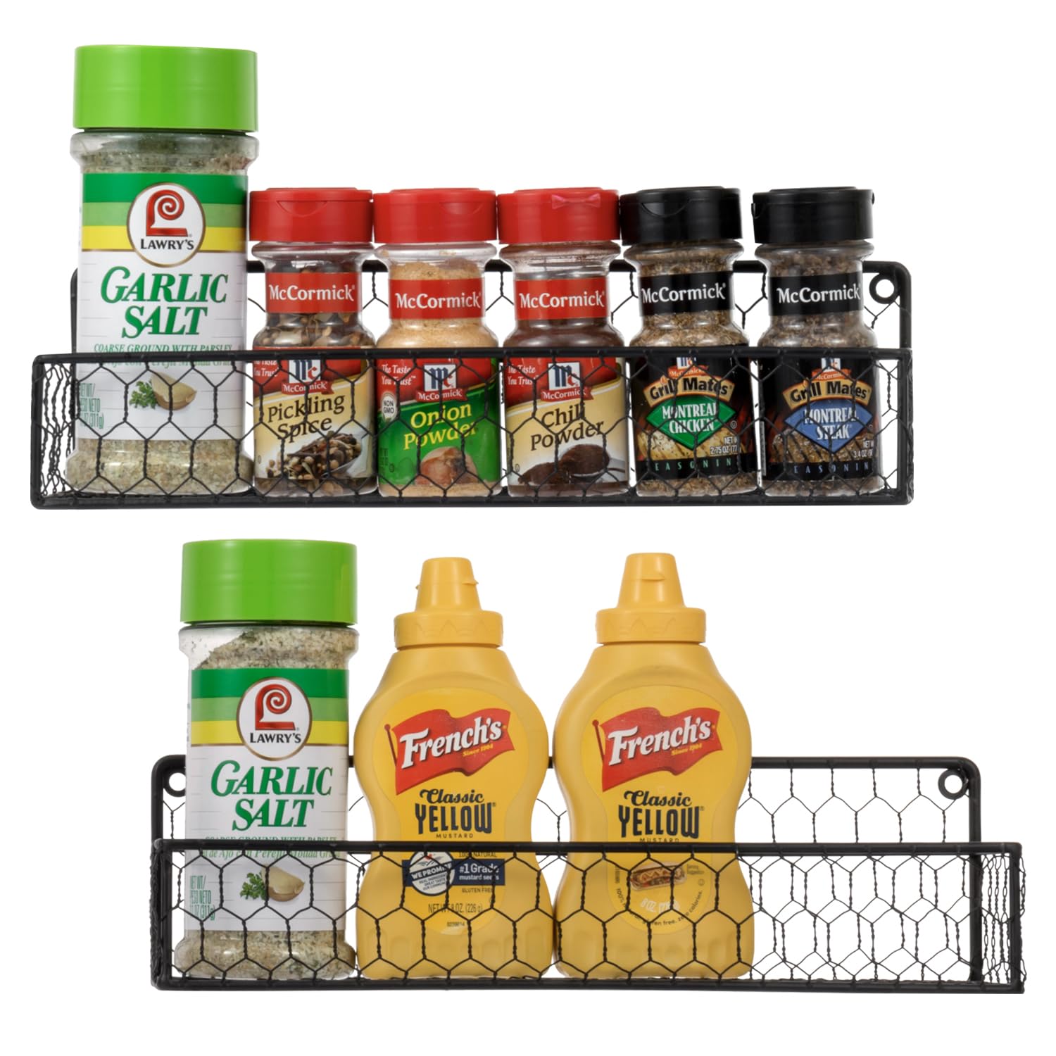 MyGift 12-Inch Black Wall Mount Spice Rack Organizer - Set of 2 Chicken Wire Kitchen Shelves for Spices, Condiments & Seasonings | Perfect for Small Kitchen Organization, Pantry Storage & Cooking Space Saving