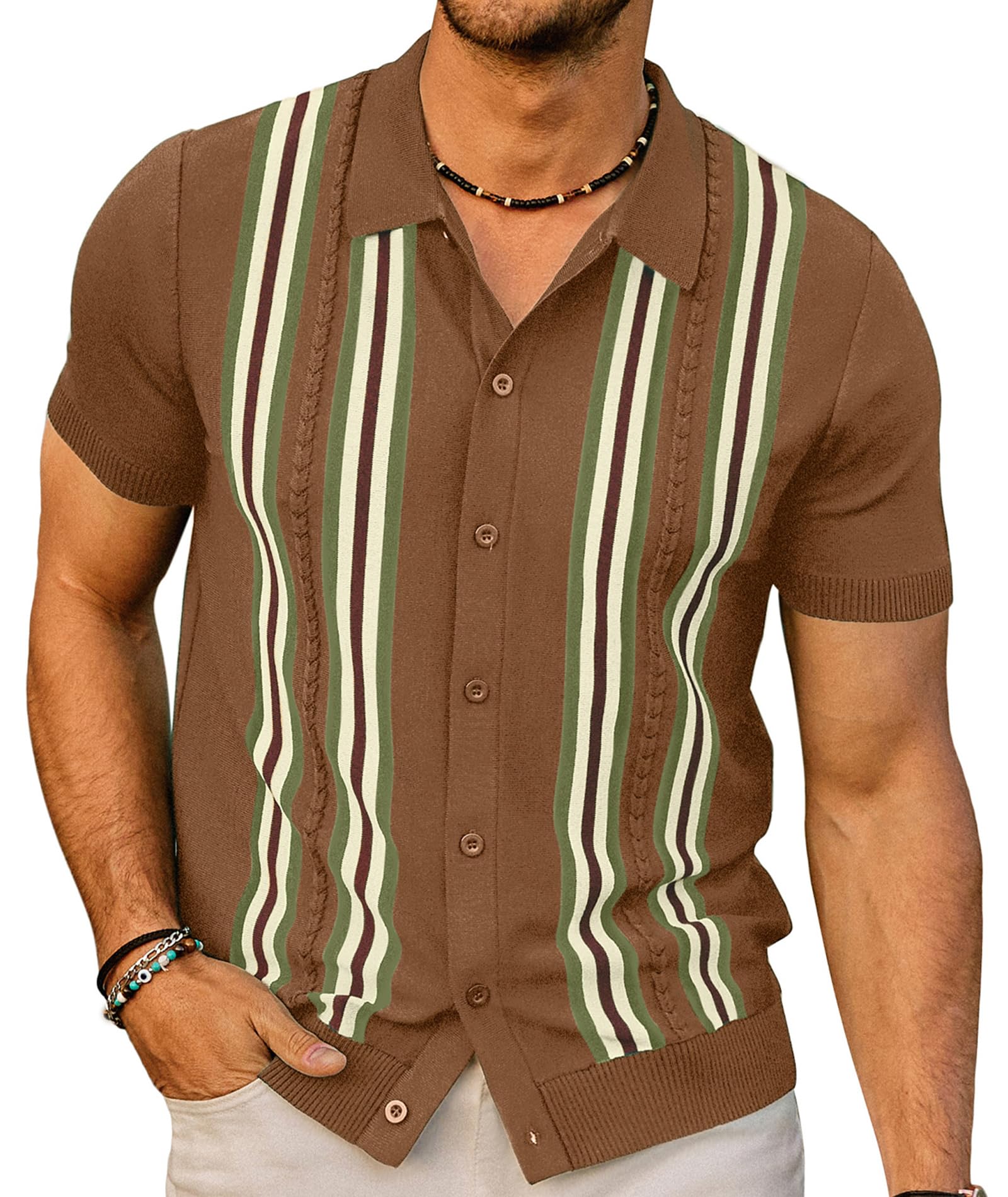 Vintage Striped Men's Polo Shirt - PJ PAUL JONES Button Down Knitted Golf Shirt for Casual Wear & Sports Activities