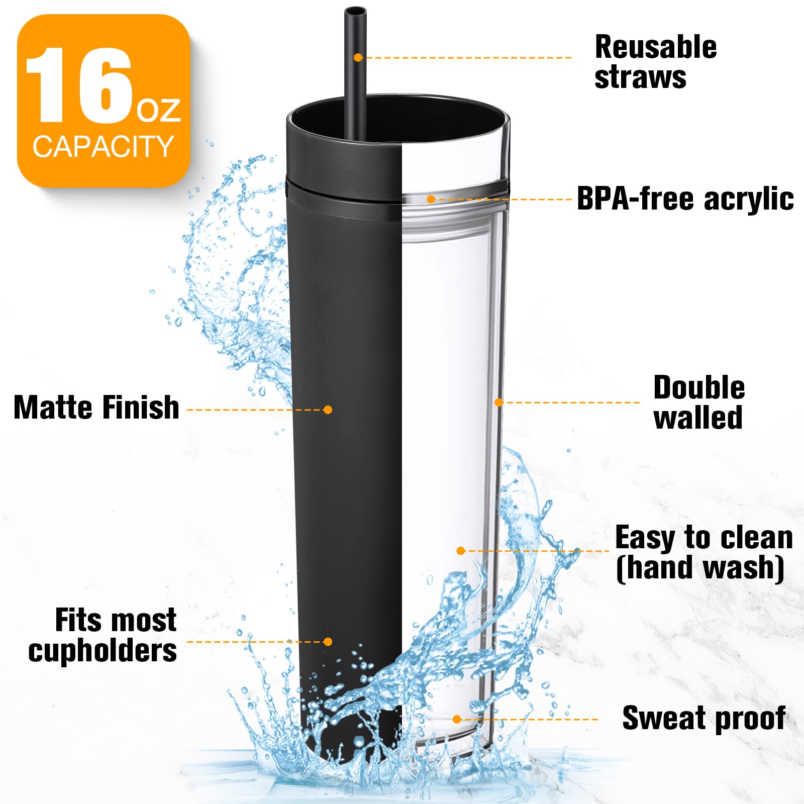 30 Pack 16oz Matte Black Skinny Tumbler Cups with Lids & Straws - Insulated Double Wall Acrylic Plastic Reusable Drinkware - Customizable DIY Vinyl Tumblers for Parties, Birthdays, Office, Bridal Showers & Home Use - Perfect for Coffee, Iced Tea and Smoothies