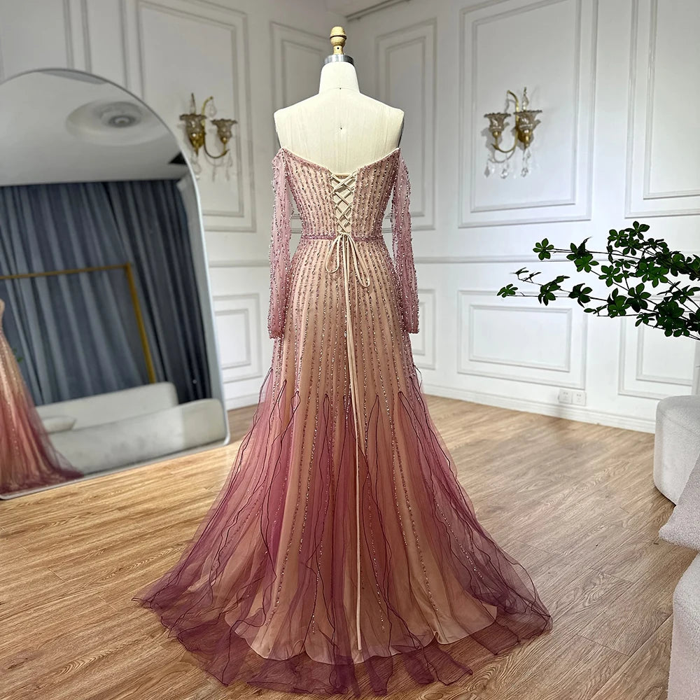 Elegant Purple Beaded A-Line Long Evening Dress for Women - Luxury Dubai Arabic Style Formal Gown LA72752 | Perfect for Weddings, Galas, and Special Occasions