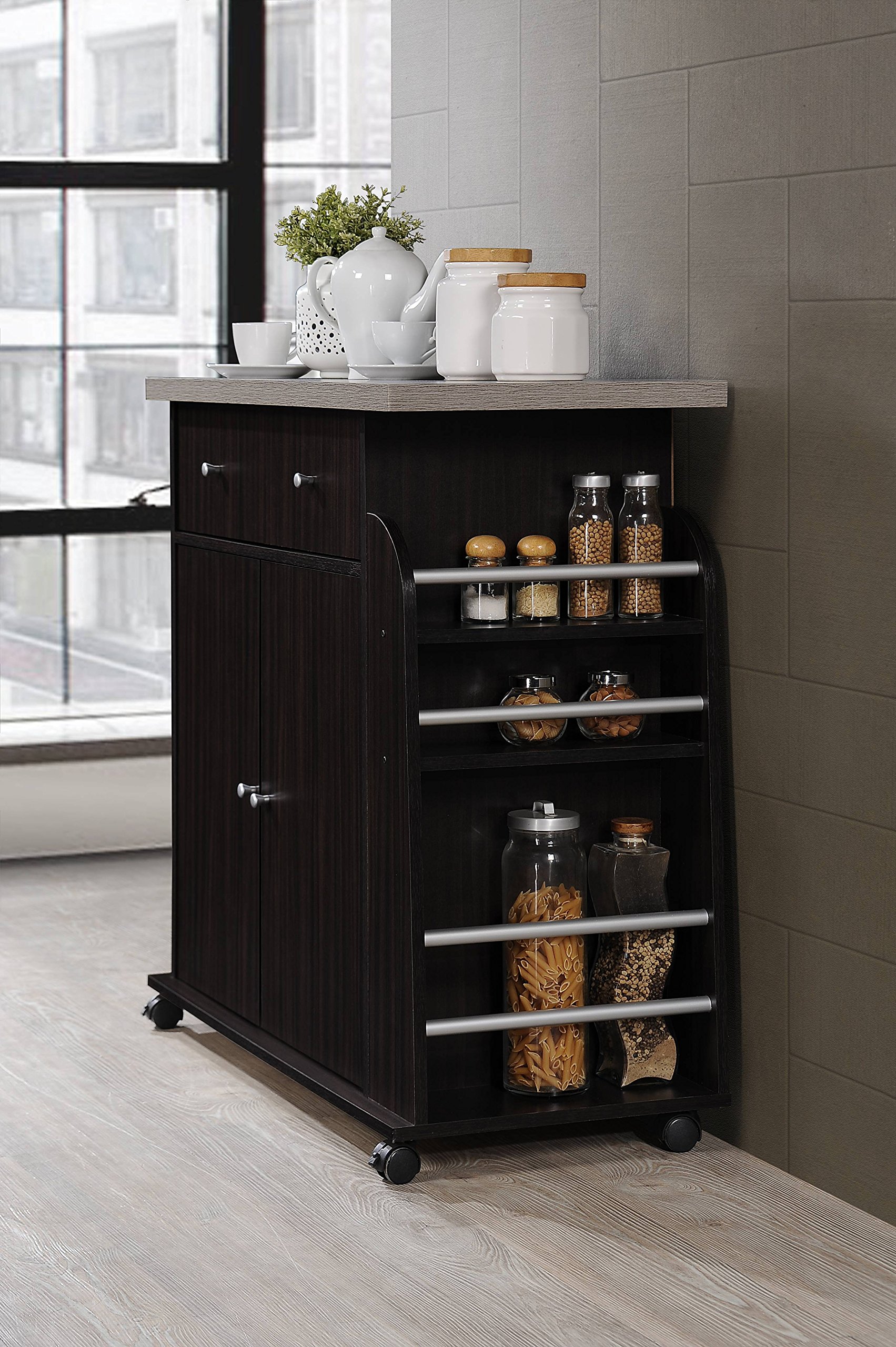 Hodedah Chocolate Kitchen Island with Spice Rack & Towel Rack - Portable Rolling Cart for Small Spaces, Extra Storage for Spices, Utensils & Towels - Perfect for Apartments, Dorms & Compact Kitchens