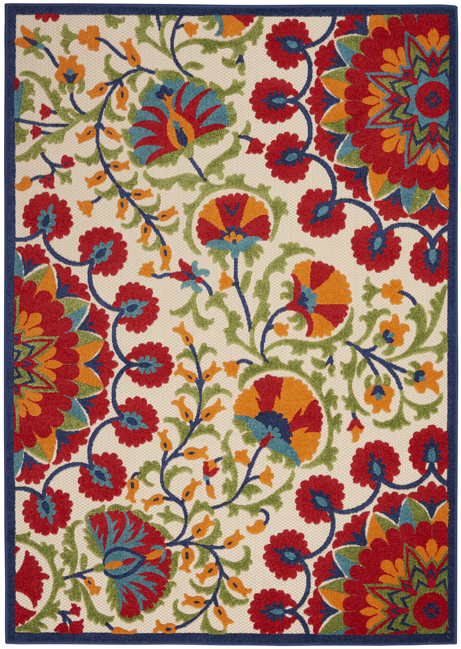 Nourison Aloha 6' x 9' Indoor/Outdoor Area Rug - Easy to Clean, Non-Shedding, Fade & Stain Resistant - Perfect for Bedroom, Living Room, Dining Room, Deck, Backyard & Patio - Tropical Red/Multi Design for Coastal & Boho Home Decor