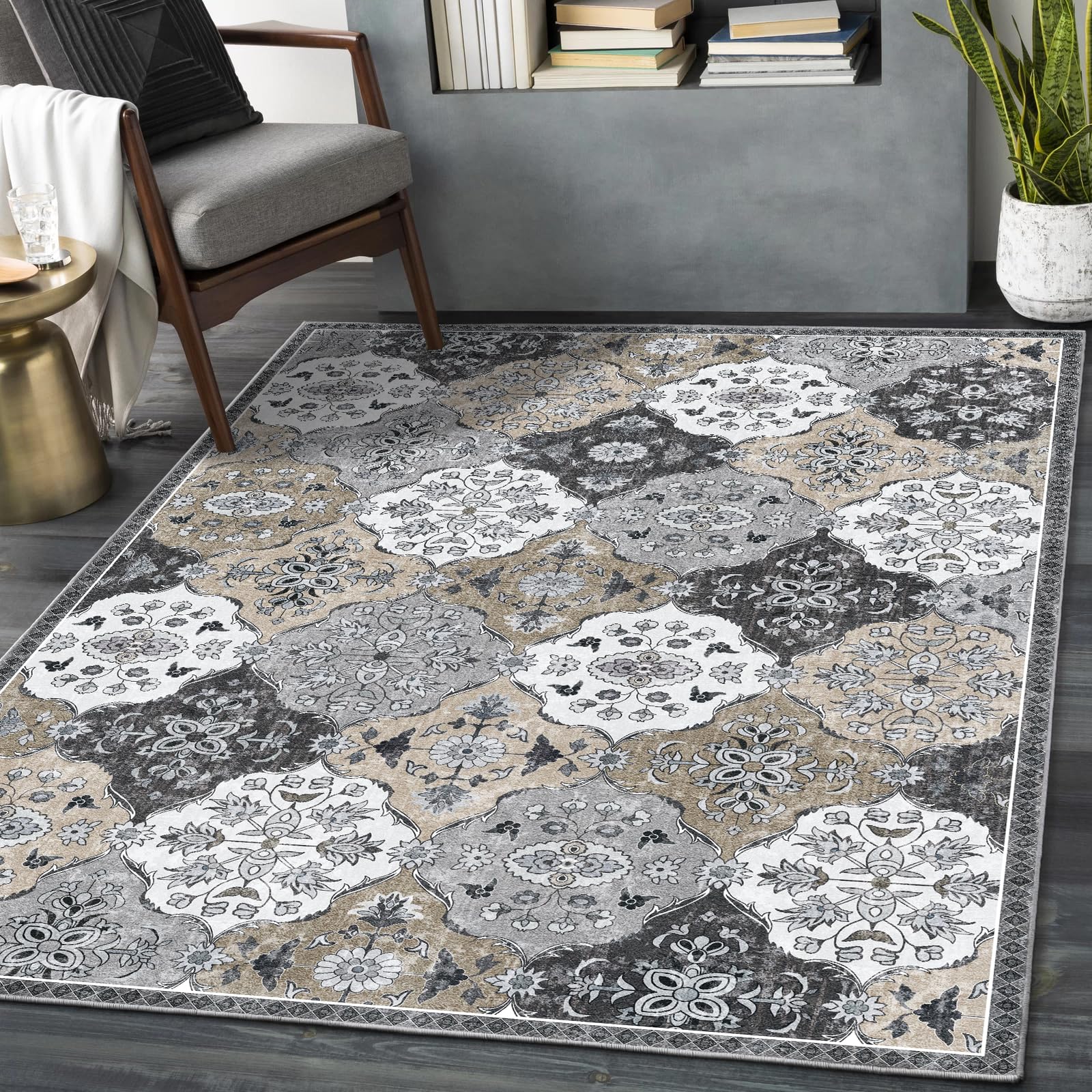 Worxvell 5x7ft Washable Non-Slip Area Rug - Vintage Distressed Trellis Pattern for Living Room, Bedroom, Kitchen, Office & Entryway - Grey Accent Carpet for Home Decor & High Traffic Areas