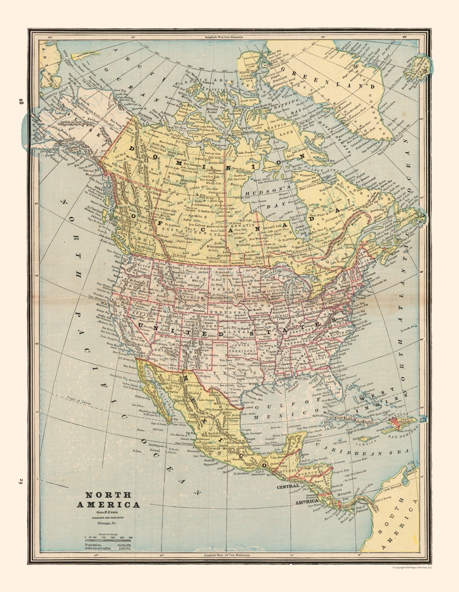 Vintage 1888 Cram Map of North America - 23 x 29.62 Inch Matte Art Paper - Historical Wall Decor for Home, Office & Classroom