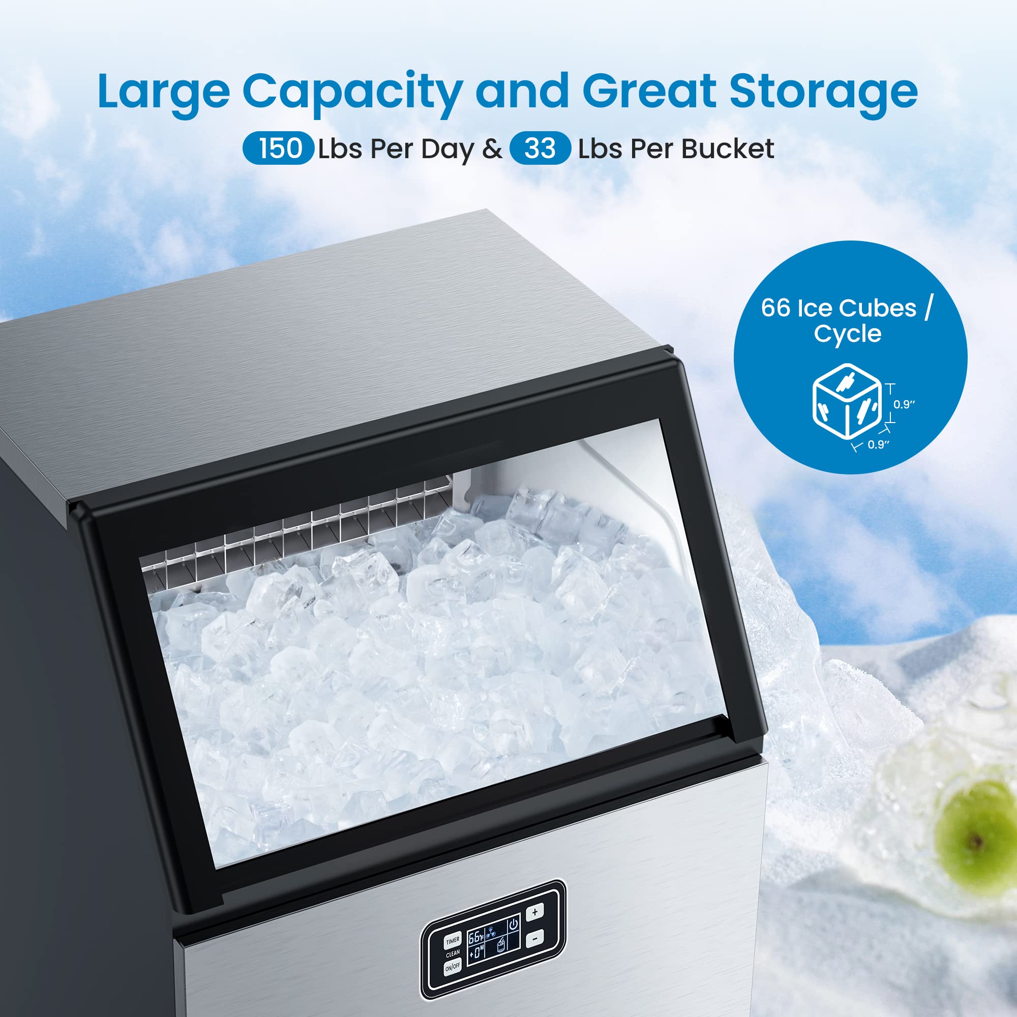 Commercial Ice Maker Machine 150lbs/24H, Stainless Steel Undercounter Ice Machine with 33lbs Storage, Freestanding Ice Maker for Restaurants, Bars, Cafes & Home Use - Perfect for Beverage Service, Parties & Daily Cooling Needs