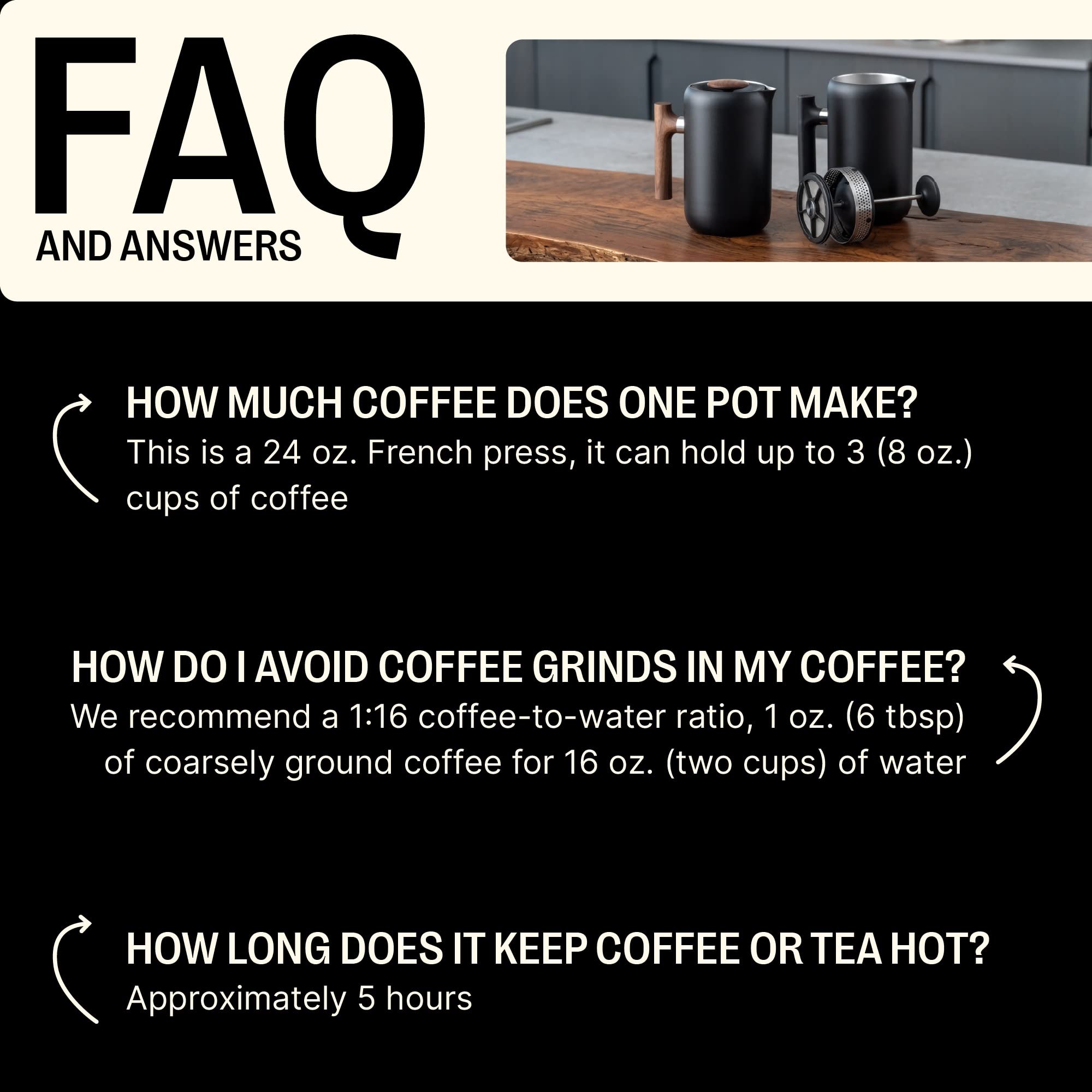 Fellow Clara French Press Coffee Maker - Stainless Steel Insulated Manual Coffee Brewer, 24 oz Portable Carafe, Matte Black with Walnut - Perfect for Home, Office & Travel Coffee Brewing
