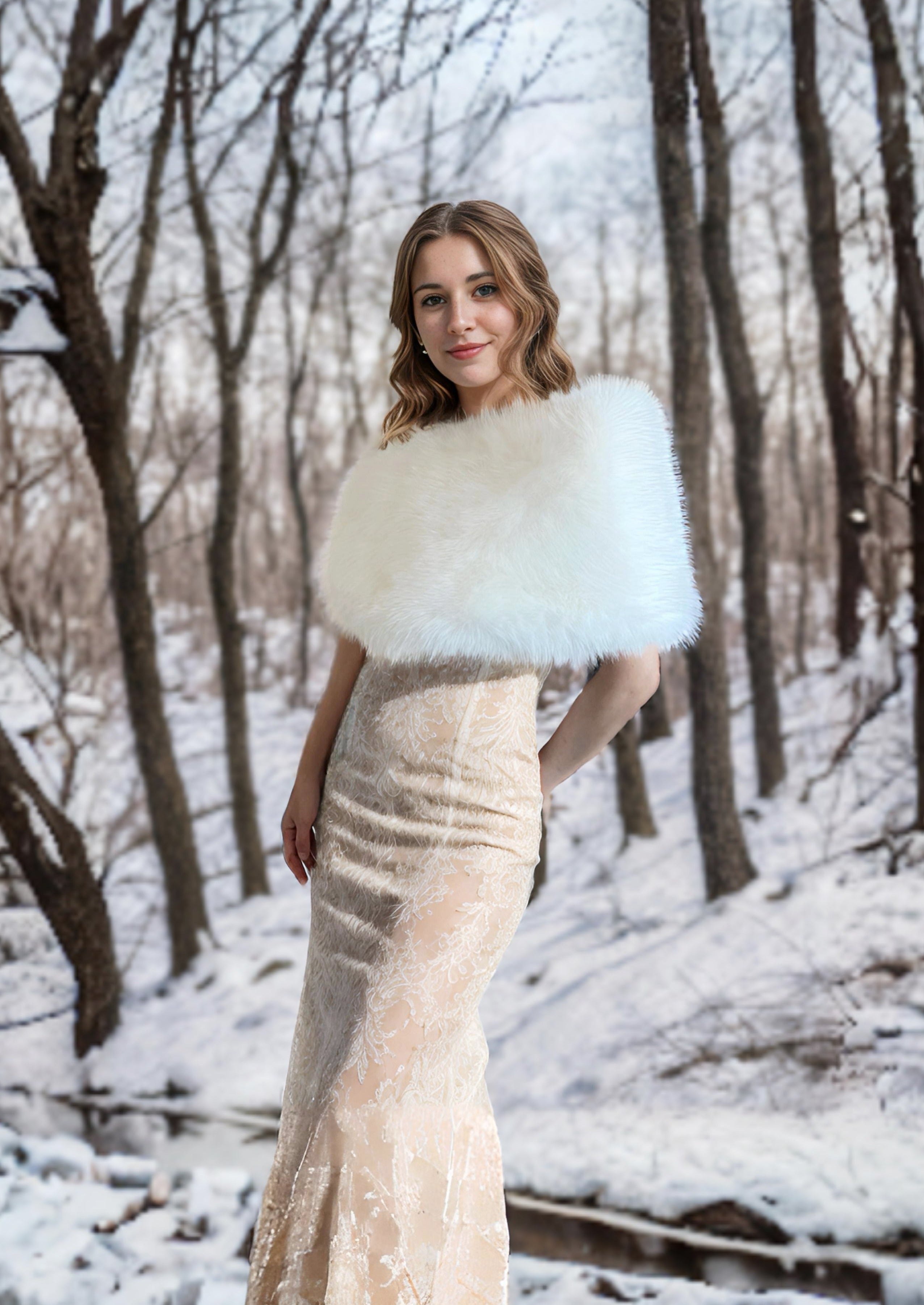 Luxury Soft Ivory Faux Fur Wrap Shawl - Serena Ivy07 Collection | Elegant Winter Accessory for Women, Perfect for Weddings, Parties & Evening Events