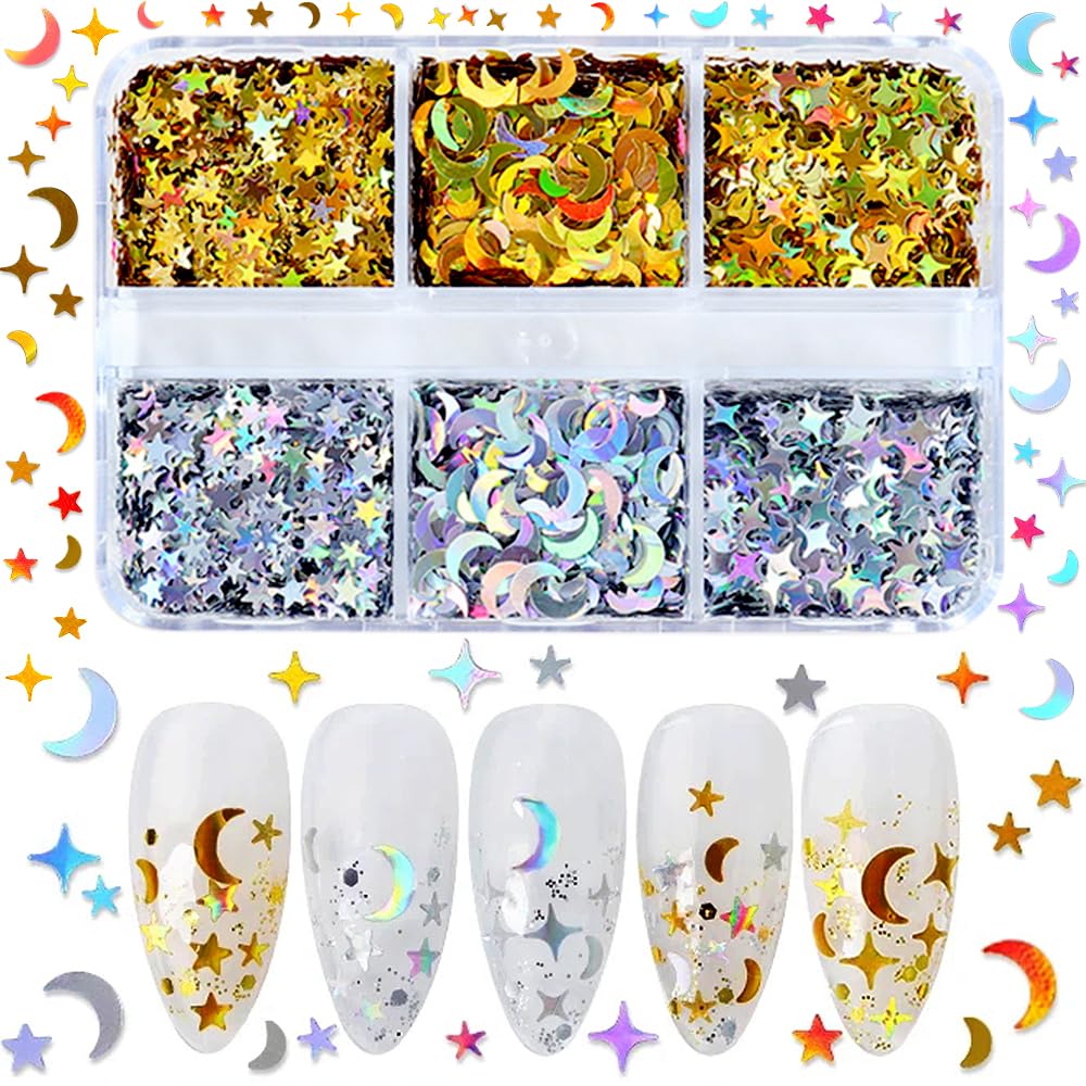 Dornail 6 Grids Nail Art Glitter Sequins Kit - Gold Silver Star Moon & 4-Pointed Stars 3D Nail Decorations for DIY Manicure | Shining Glitter Flakes for Nail Art, Party, Wedding & Salon Use