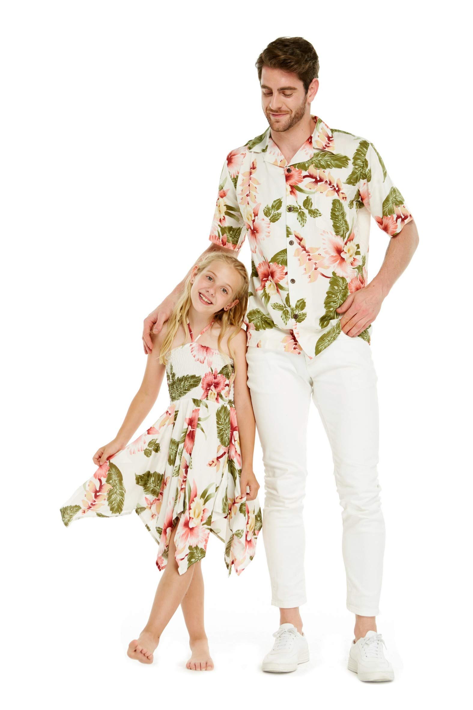 Matching Father Daughter Hawaiian Luau Shirt & Gypsy Dress Set - Tropical Floral Print Outfits for Family Beach Vacation, Luau Party & Summer Photoshoot