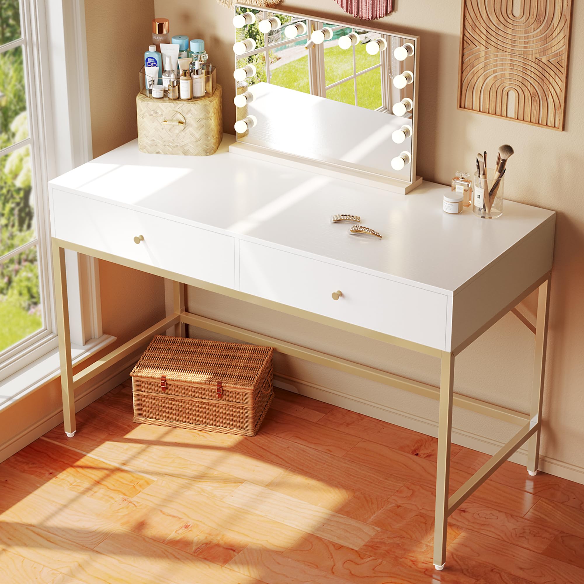 SUPERJARE 47 inch Vanity Desk with Drawers - Modern White & Gold Computer Desk for Home Office, Makeup Dressing Table | Perfect for Bedroom, Small Spaces & Work from Home Setup