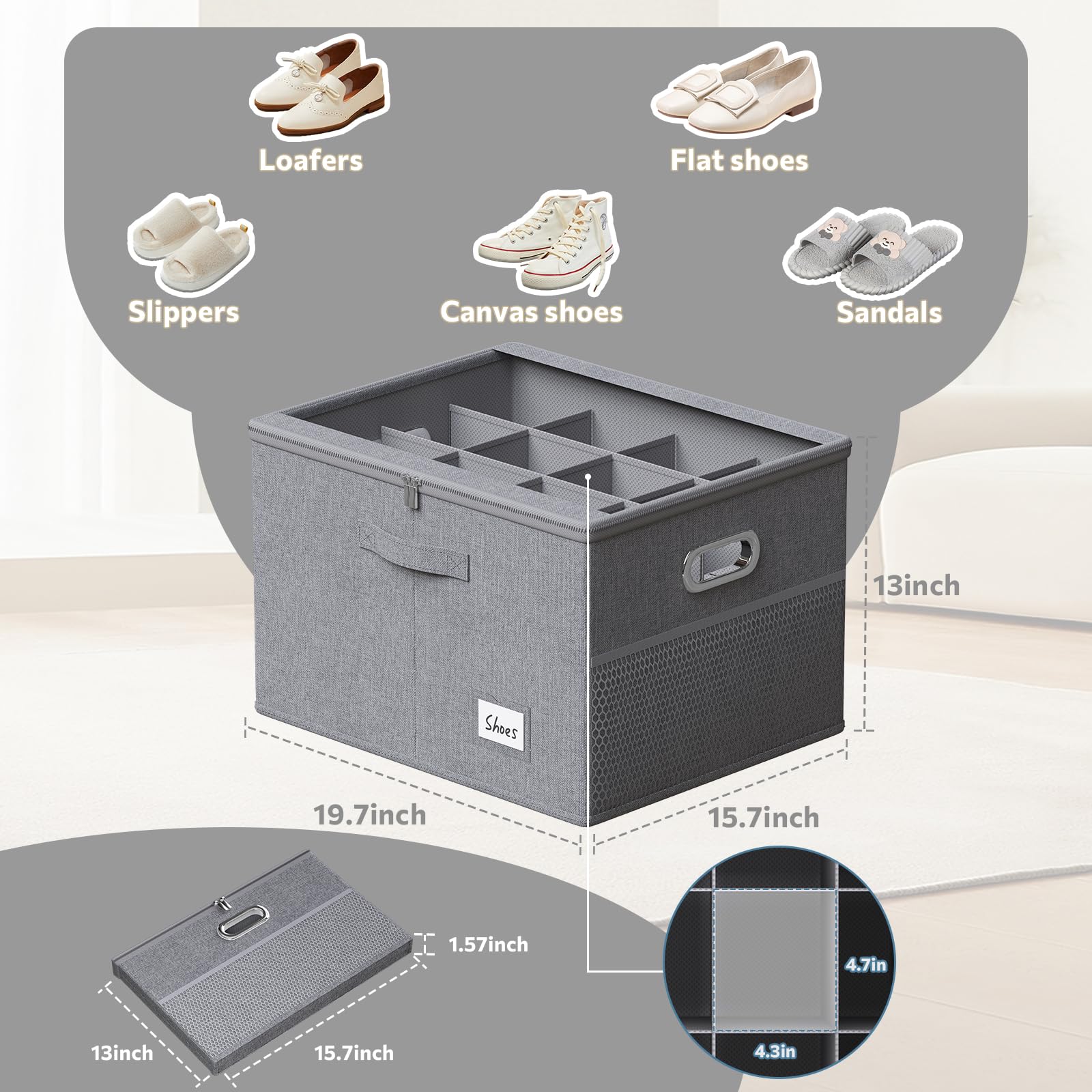 Clear Window Shoe Organizer for Closet - Large Foldable Shoe Storage Box with Adjustable Dividers, Holds 16 Pairs - Perfect for Bedroom, Entryway & Closet Organization (Space Saving Shoe Bin with Bottom Support)