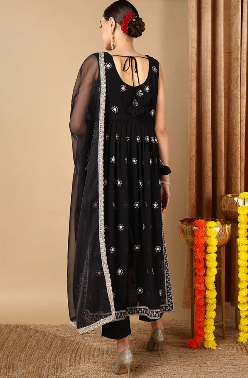 Elegant Black Poly Georgette Embroidered Straight Kurta Set for Women - Traditional Indian Ethnic Wear for Festivals, Weddings & Special Occasions