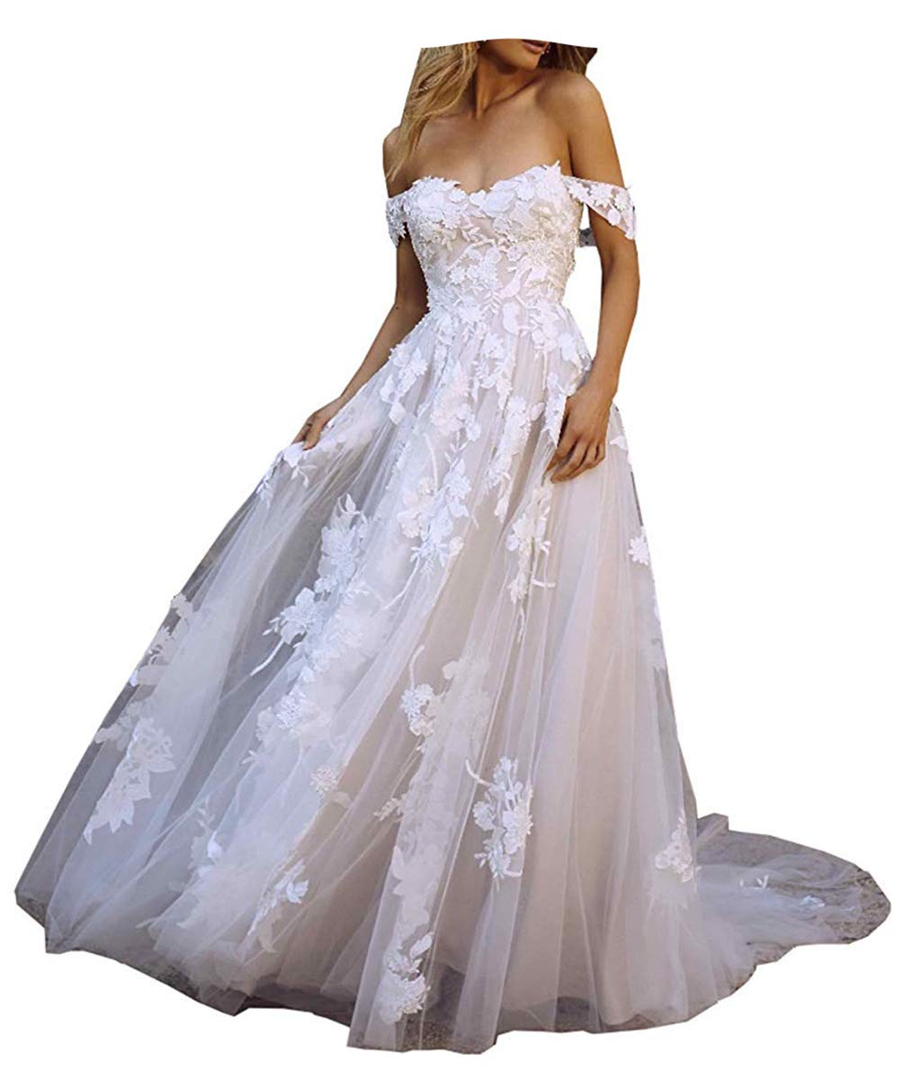Elegant Off Shoulder Boho Wedding Dress with Lace Appliques – Romantic Bridal Gown for Beach, Garden & Outdoor Ceremonies