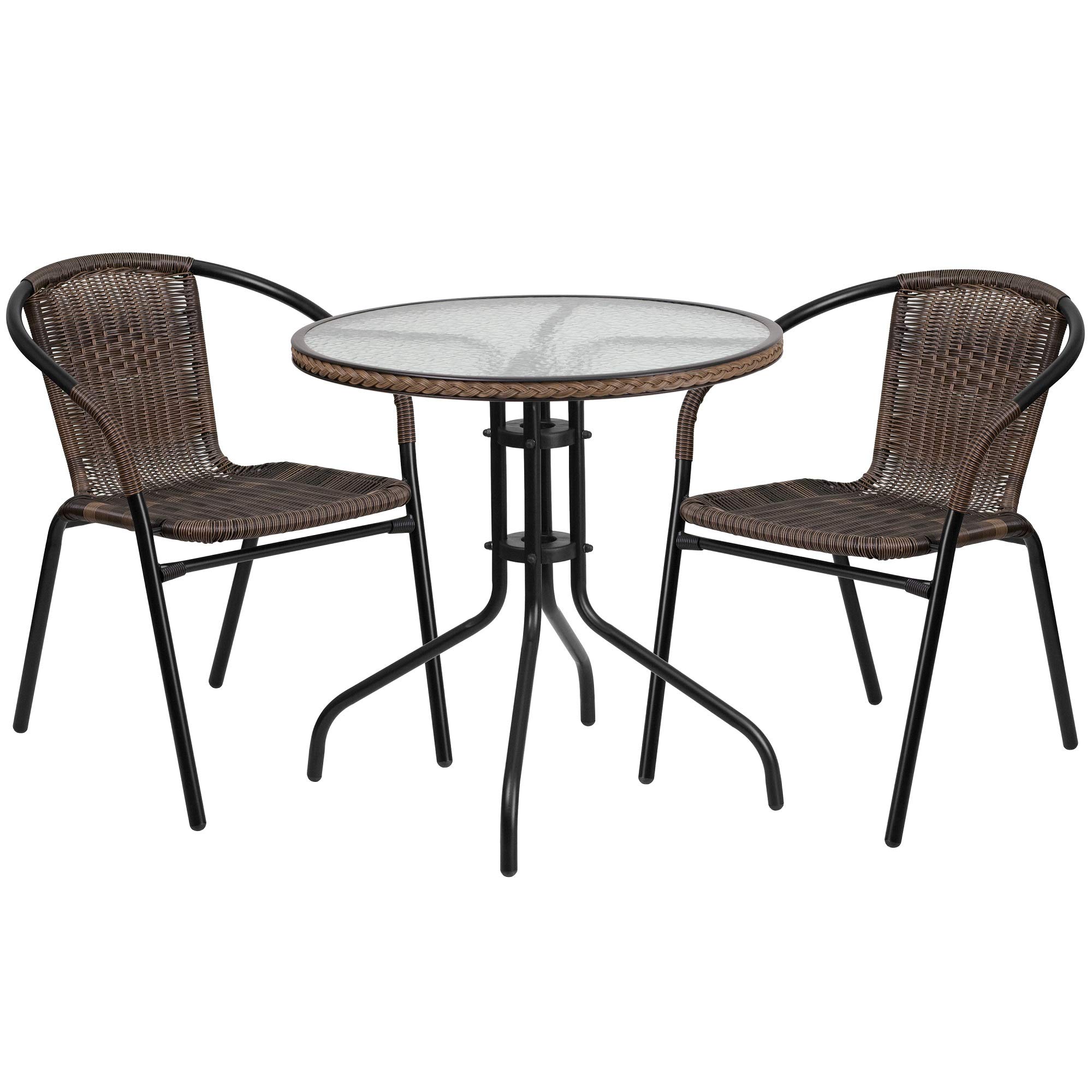 3-Piece Dark Brown Rattan Round Glass Patio Dining Set with 28.75