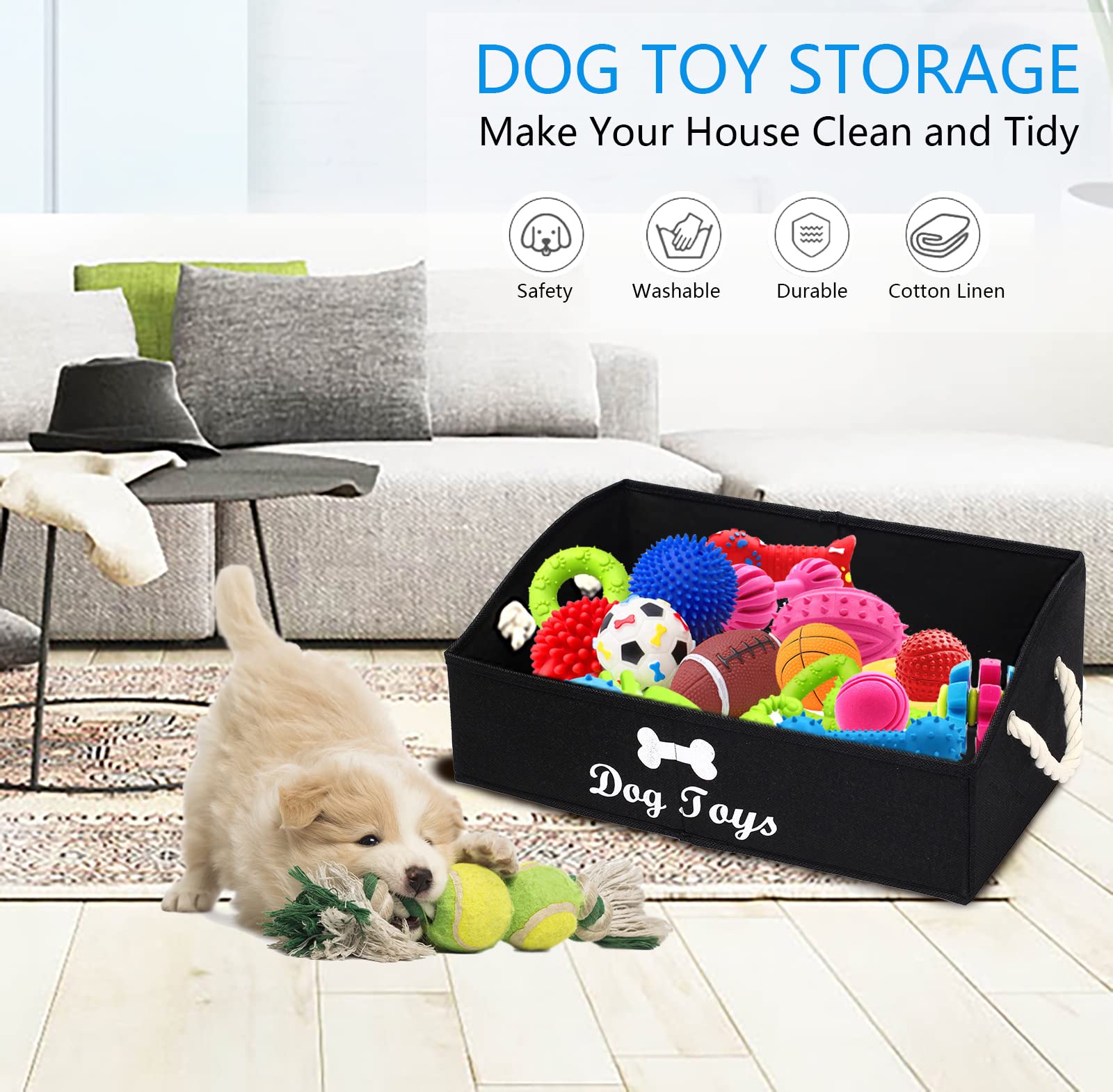 Morezi Large Dog Toy Storage Bin - Shallow Puppy Toy Basket for Living Room, Playroom & Closet - Perfect for Home Organization (Black) | Ideal for Pet Toy Storage & Living Space Decluttering